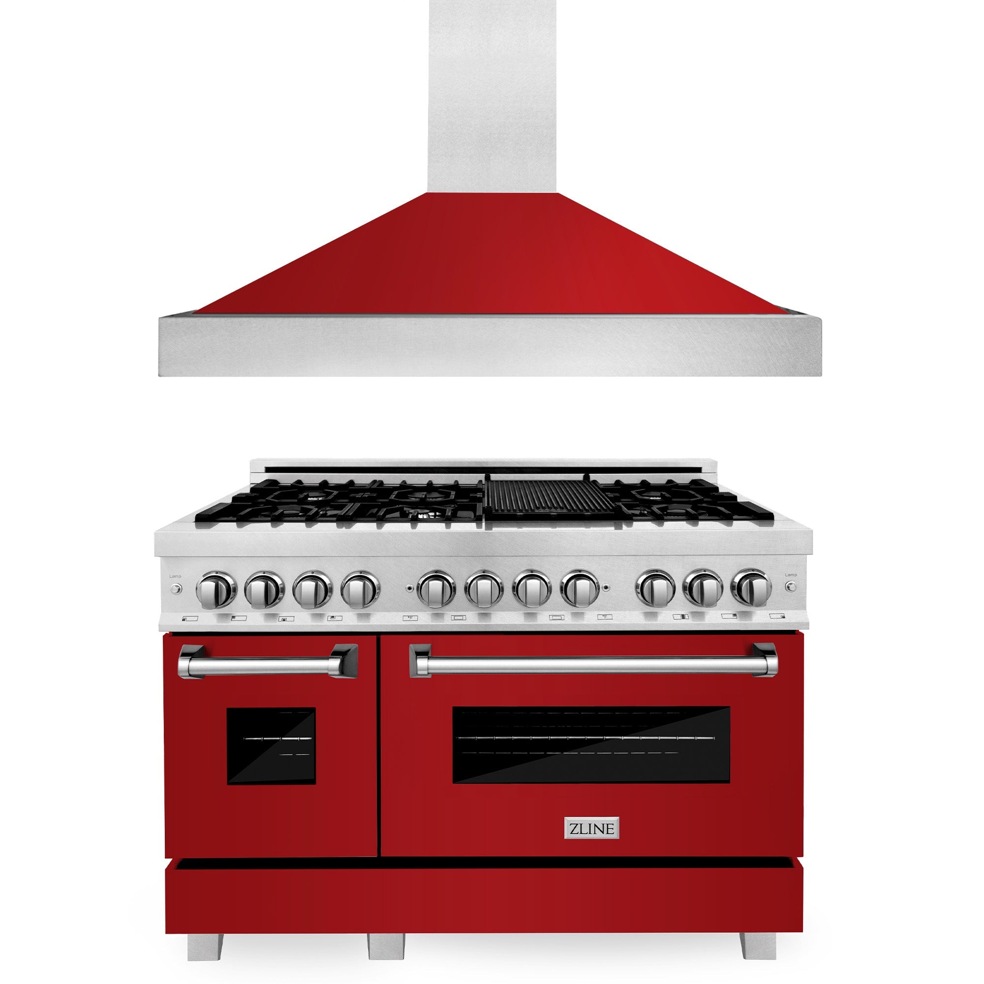 ZLINE 48-inch Professional Dual Fuel Range Kitchen Package - Stainless Steel with Red Gloss Door & Convertible Vent Hood | Perfect for Modern Home Chefs & Restaurant-Style Cooking