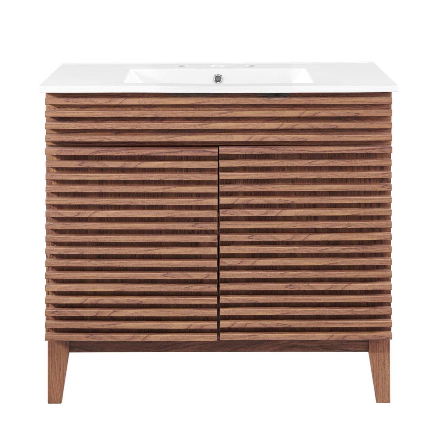 Modway Render 36 Inch Walnut White Bathroom Vanity with Sink - Modern Bathroom Furniture for Small Spaces, Powder Rooms & Master Baths