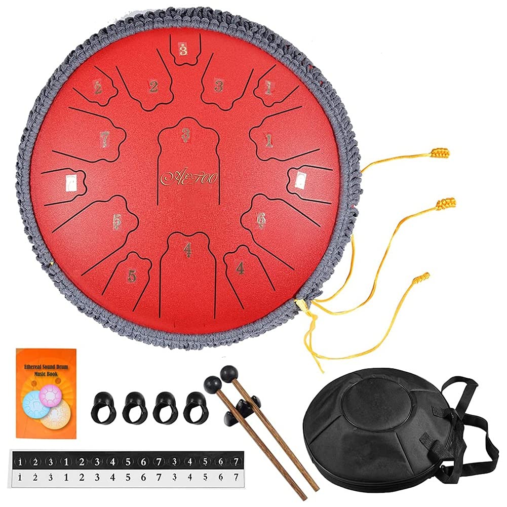 HZTEC 14 Inch 15 Notes Steel Tongue Drum - Hand Pan Percussion Instrument with Mallets & Carry Bag (Red) - Perfect for Meditation, Yoga, Music Therapy & Relaxation