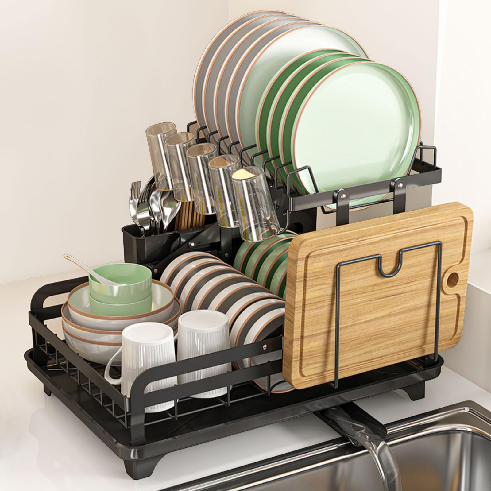 2-Tier Stainless Steel Dish Drying Rack for Kitchen Counter - No Installation Needed with Drain Board - Space Saving Dish Organizer for Small Apartments - Perfect for Drying Plates, Cups & Utensils After Washing