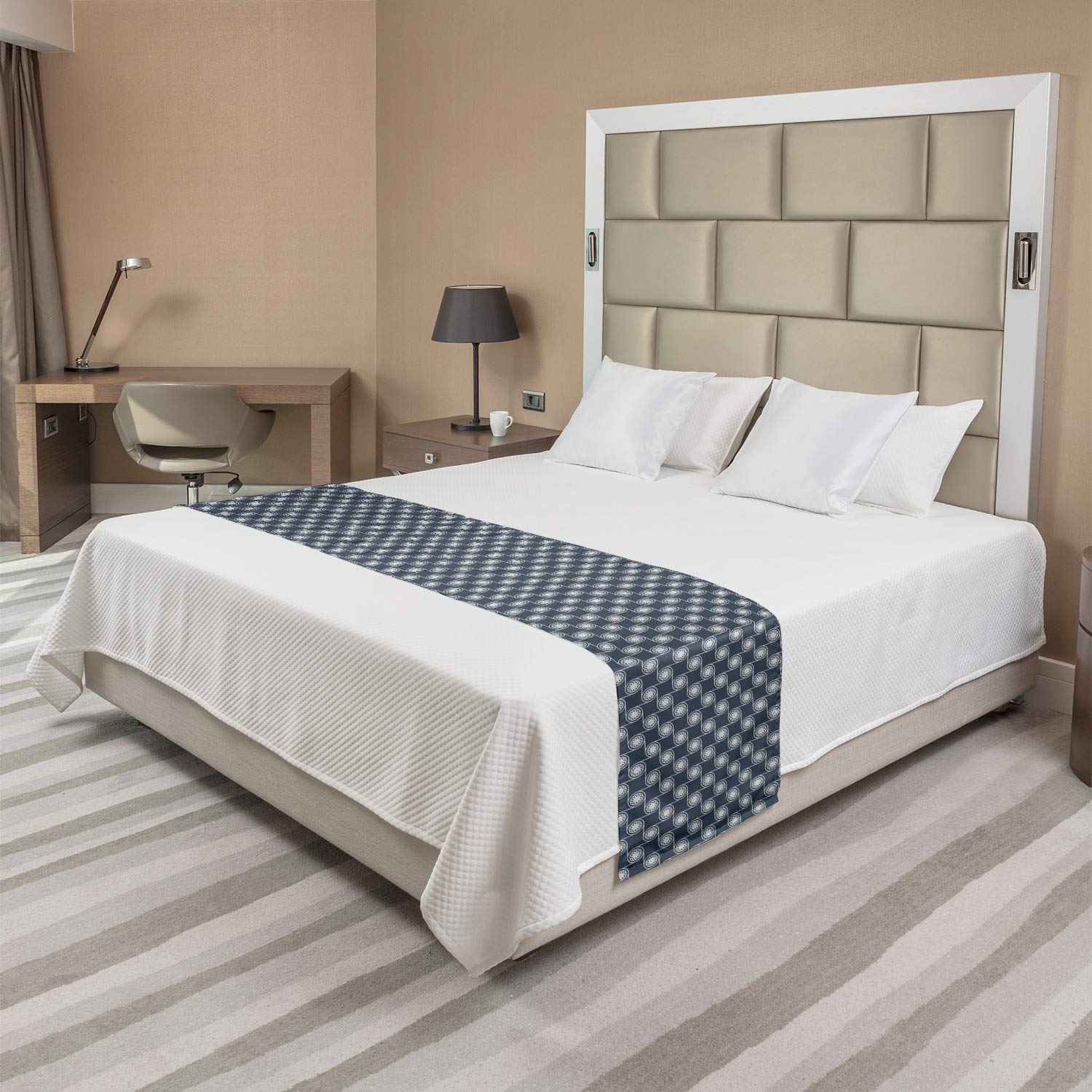 Ambesonne Japanese Style Floral Circle Pattern Bed Runner - Eastern Ornamental Design Decorative Bed Scarf for Queen King Beds - Charcoal Grey & Dark Blue Accent for Hotels, Homes, Guest Rooms | Perfect for Asian-Themed Bedrooms, Wedding Decor & Luxury Bedding Styling