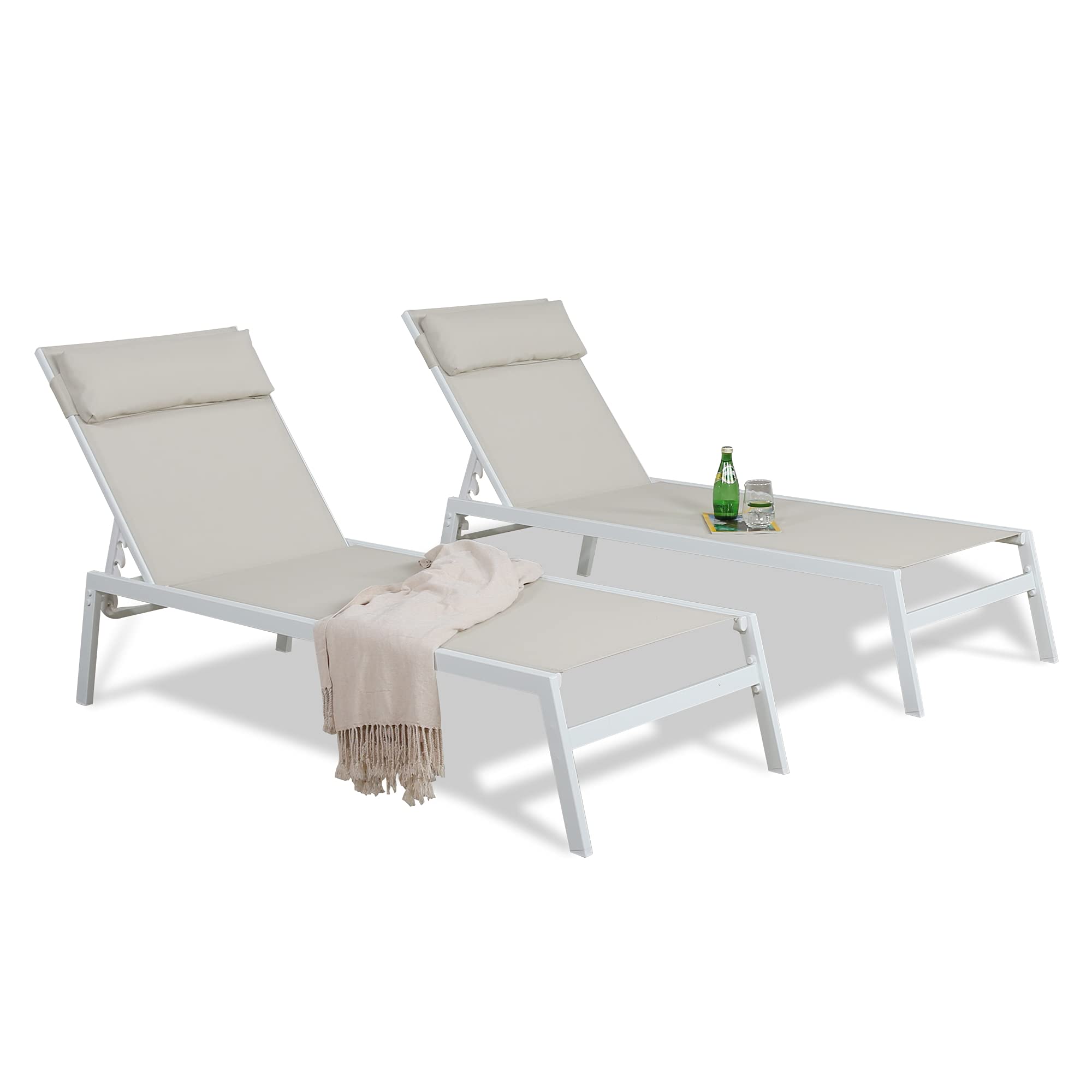2-Pack Beige Steel Patio Chaise Lounge Chairs - 4-Position Adjustable Backrest, Full Flat Recliner for Outdoor Poolside, Garden & Deck Relaxation