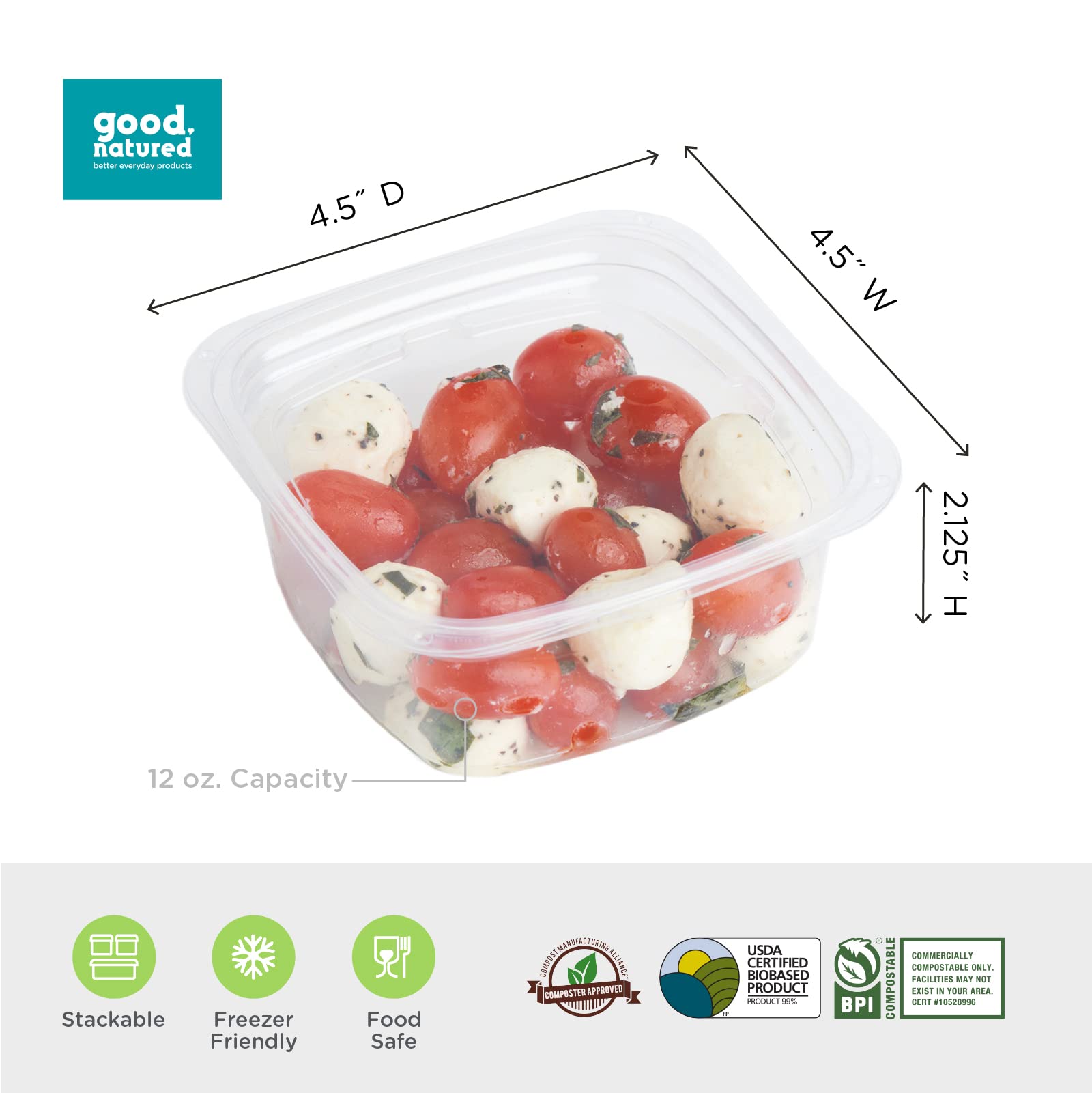 Good Natured 12 oz. Deli Containers (Pack of 675) - 99% Plant-Based, BPA-Free, Clear Food Storage Containers - Stackable Square Containers for Meal Prep, Leftovers & Restaurant Use
