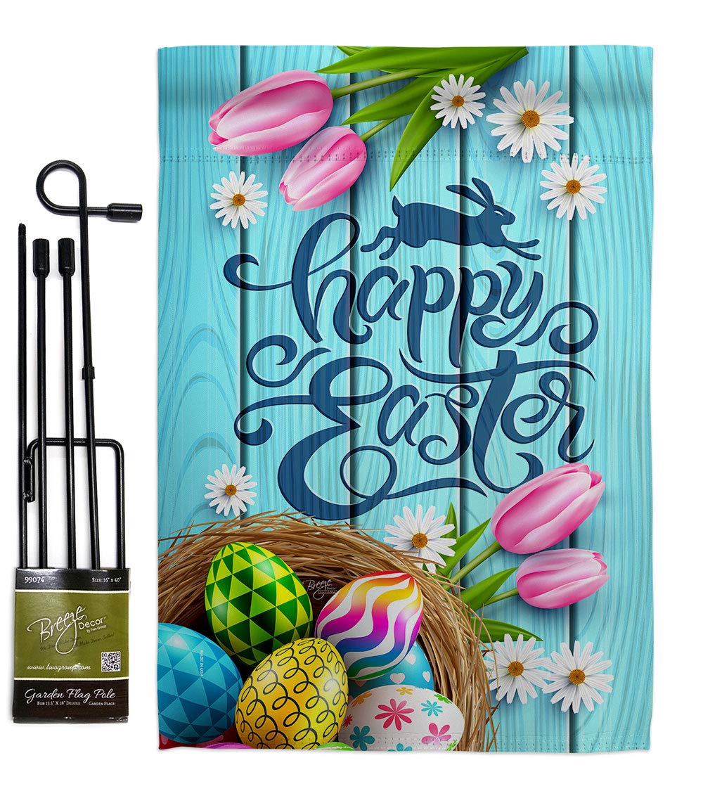 Breeze Decor Daisy Egg Basket Double-Sided Garden Flag Set with Stand - Spring Easter Bunny Christian Holiday House Decoration - Perfect for Yard, Porch & Seasonal Celebrations - Made in USA