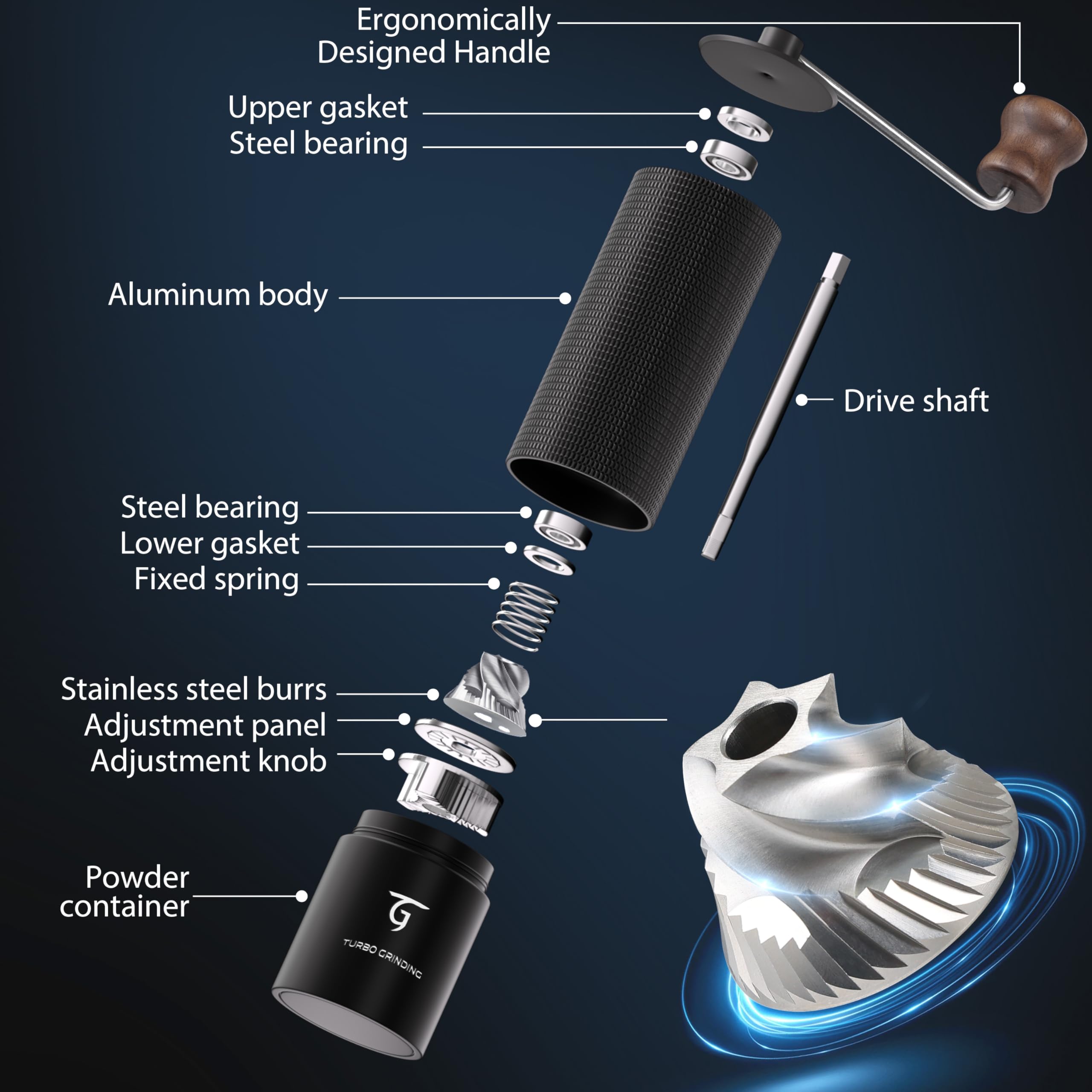 Premium Manual Coffee Grinder - Stainless Steel Conical Burr, Adjustable Settings & Aluminum Shell | Includes Free Coffee Recipe Booklet (MCG-02 Black) | Perfect for Home Brewing, Camping & Travel Coffee Enthusiasts