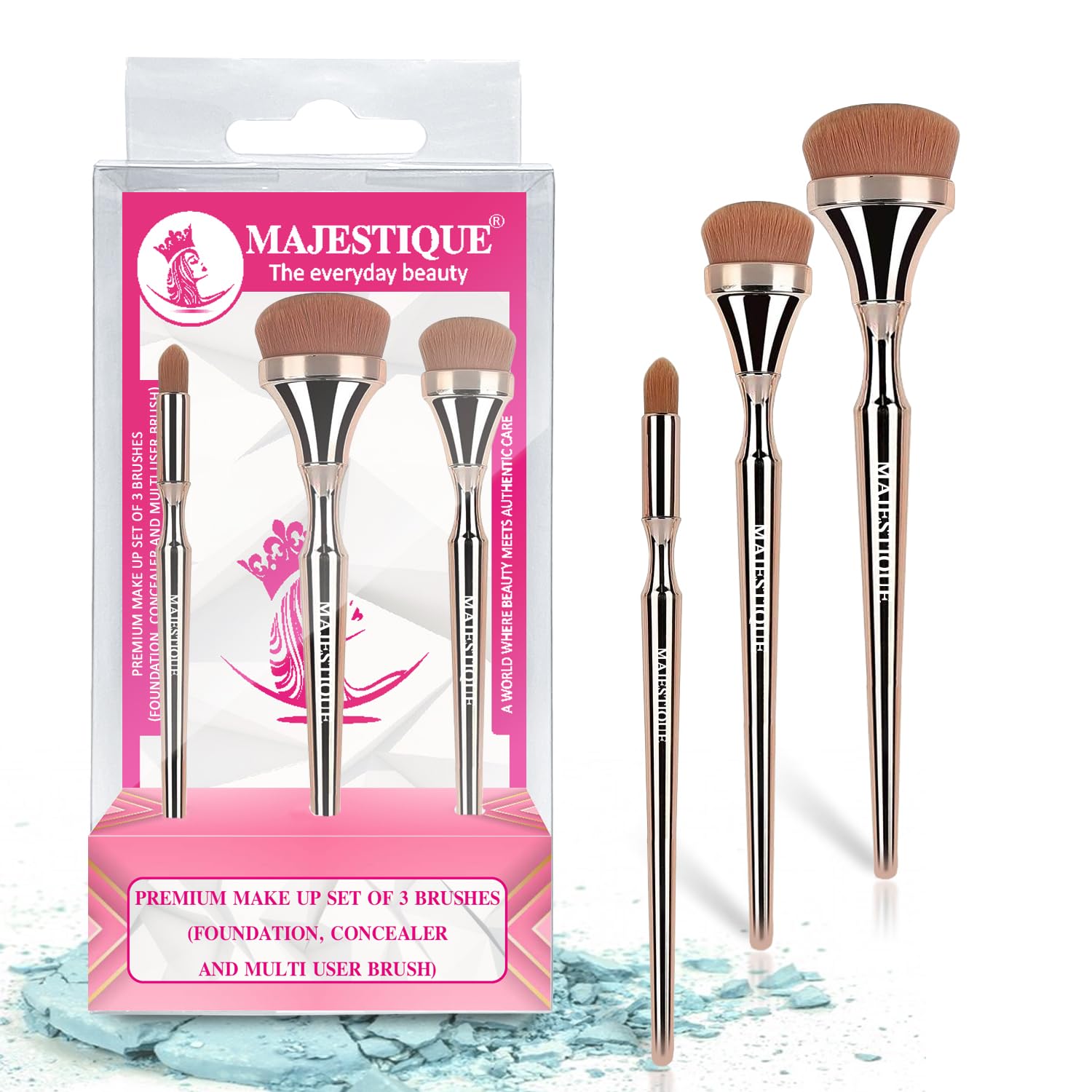Majestique Foundation, Concealer & Multi-Use Makeup Brush Set - 3Pcs Professional Synthetic Brushes for Face, Cheek & Eye Makeup | Soft Silky HD Brushes for Flawless Coverage & Blending | Perfect for Daily Use, Photo Shoots & Special Occasions
