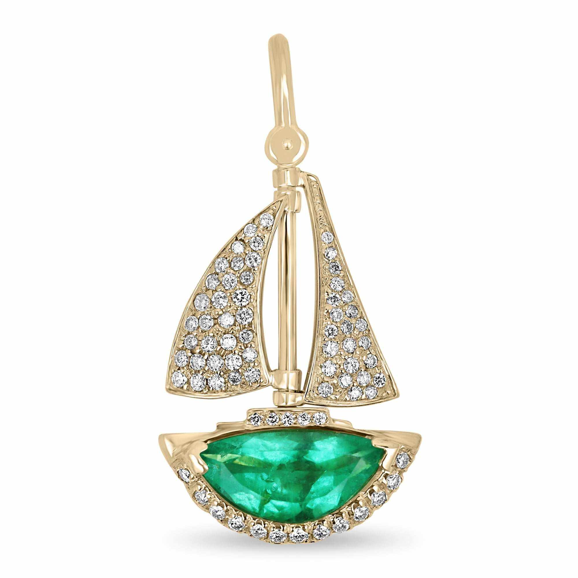 6.61tcw AAA Quality Half Moon Colombian Emerald & Diamond Handmade Sailboat 14K Gold Pendant - Perfect for Nautical Jewelry Gifts, Beach Weddings & Cruise Vacations