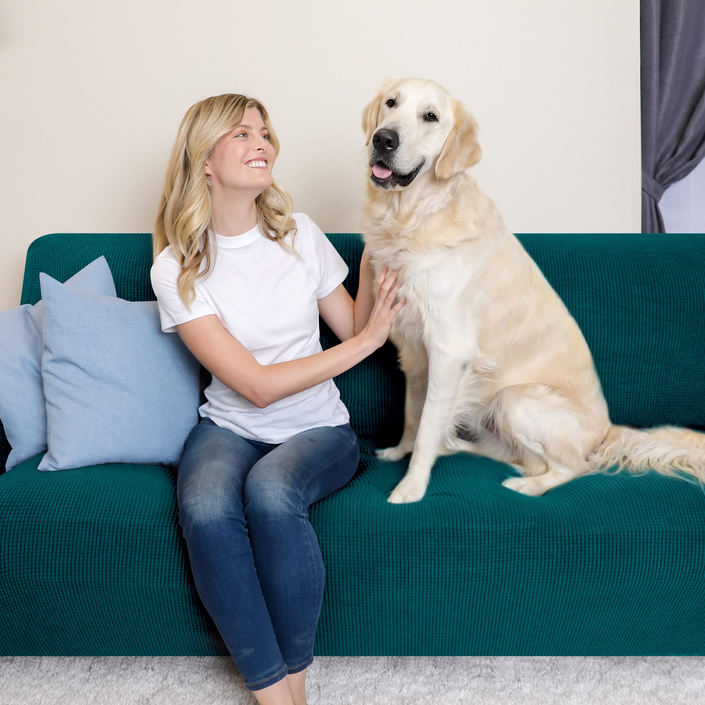 SUBRTEX Stretch Sofa Slipcover Set - 1 Piece Elastic Couch Cover with Free Cushion Cover for 4-Cushion Oversized Couches (Teal, XL Size) - Perfect for Living Room Furniture Protection & Home Decor Upgrade