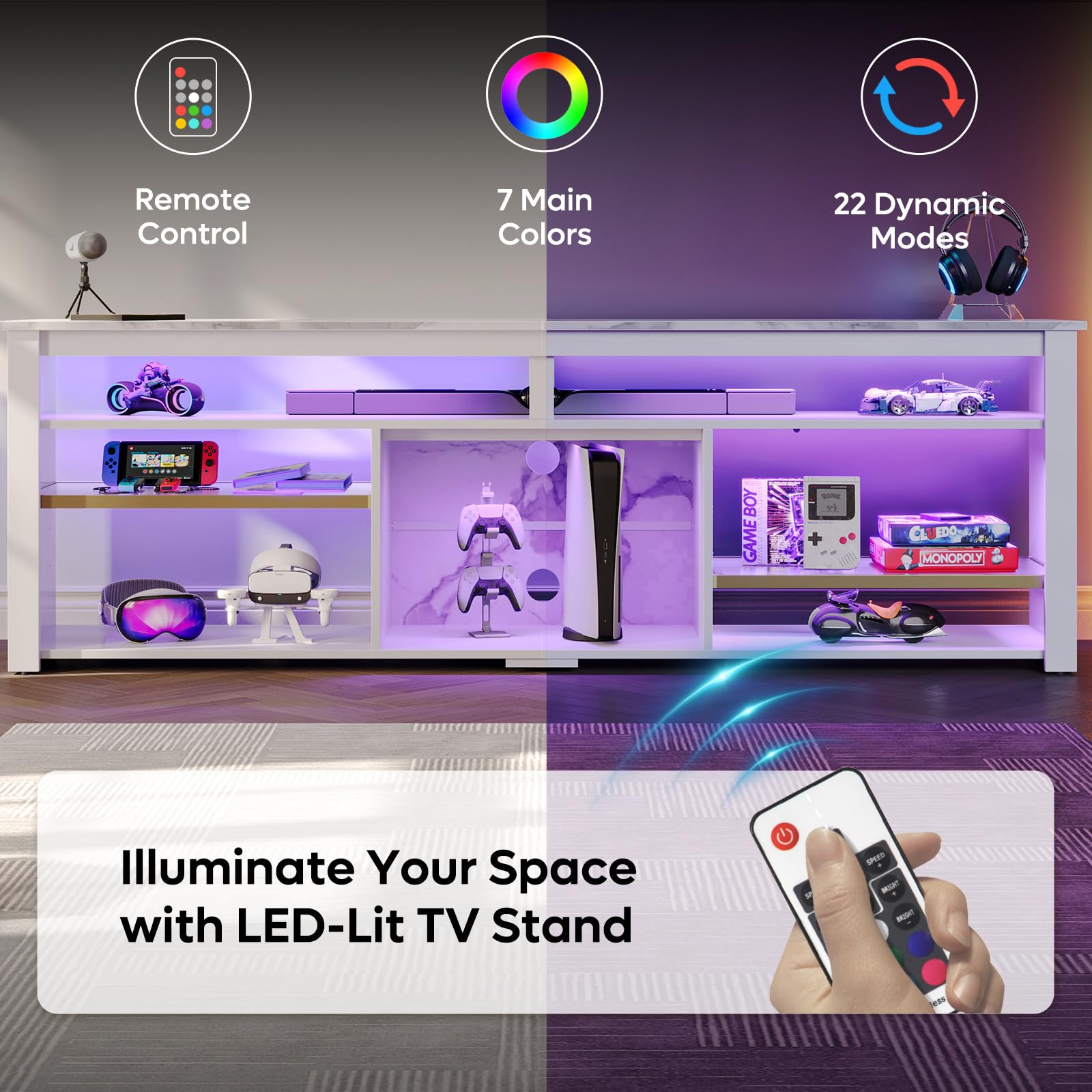 Bestier 75 Inch TV Stand with Adjustable Shelves - Modern Tall LED Entertainment Center & Gaming TV Console for PS5 Storage - White Marble TV Cabinet for Living Room & Bedroom - Perfect for Movie Nights & Gaming Sessions