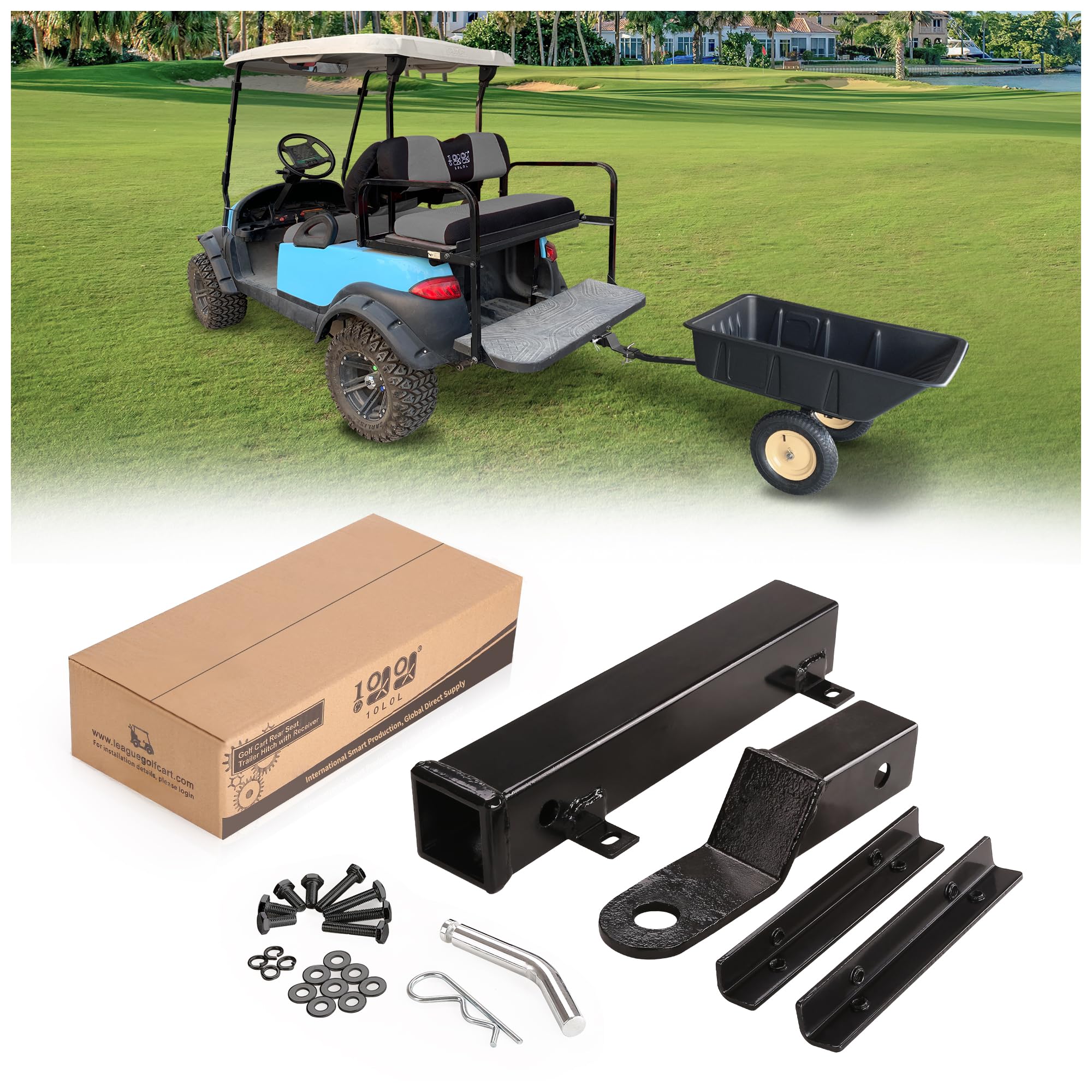 Universal Golf Cart Rear Seat Safety Grab Bar & Trailer Hitch with Receiver - Heavy Duty for Yamaha, Club Car, EZGO - Street Legal w/Triangle Safety Sign - Perfect for Golfing, Camping & Utility Hauling