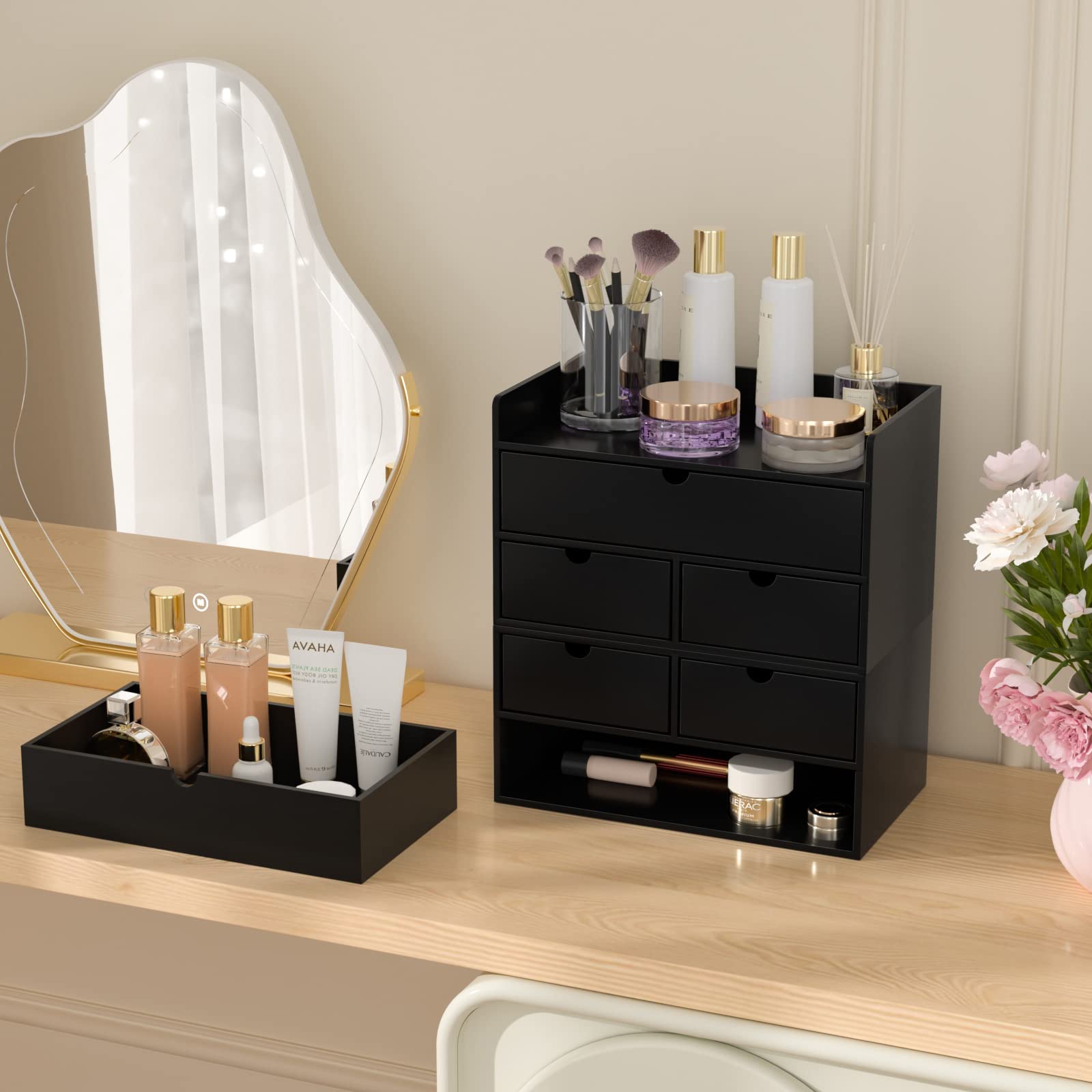 Wisuce Bamboo Desk Organizer with Shelf - Mini Desktop Drawer Organizer for Office, Home & Makeup Storage | Perfect for Organizing Pens, Cosmetics & Small Items on Work Desk or Vanity Table