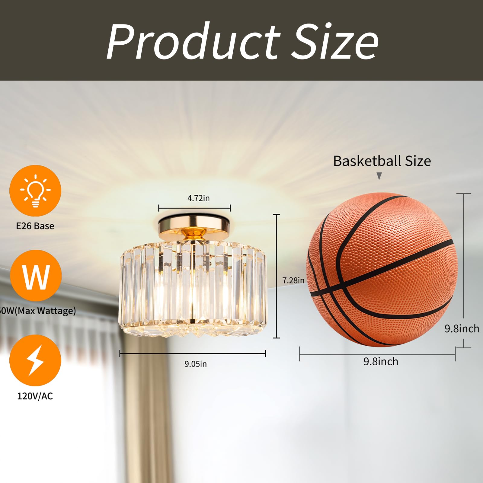 FRIDEKO HOME Modern Crystal Chandelier Semi-Flush Mount Ceiling Light - Gold Finish Lighting Fixture for Hallway, Porch, Kitchen, Bedroom, Living Room & Entryway | Elegant Home Decor & Ambient Lighting Solution