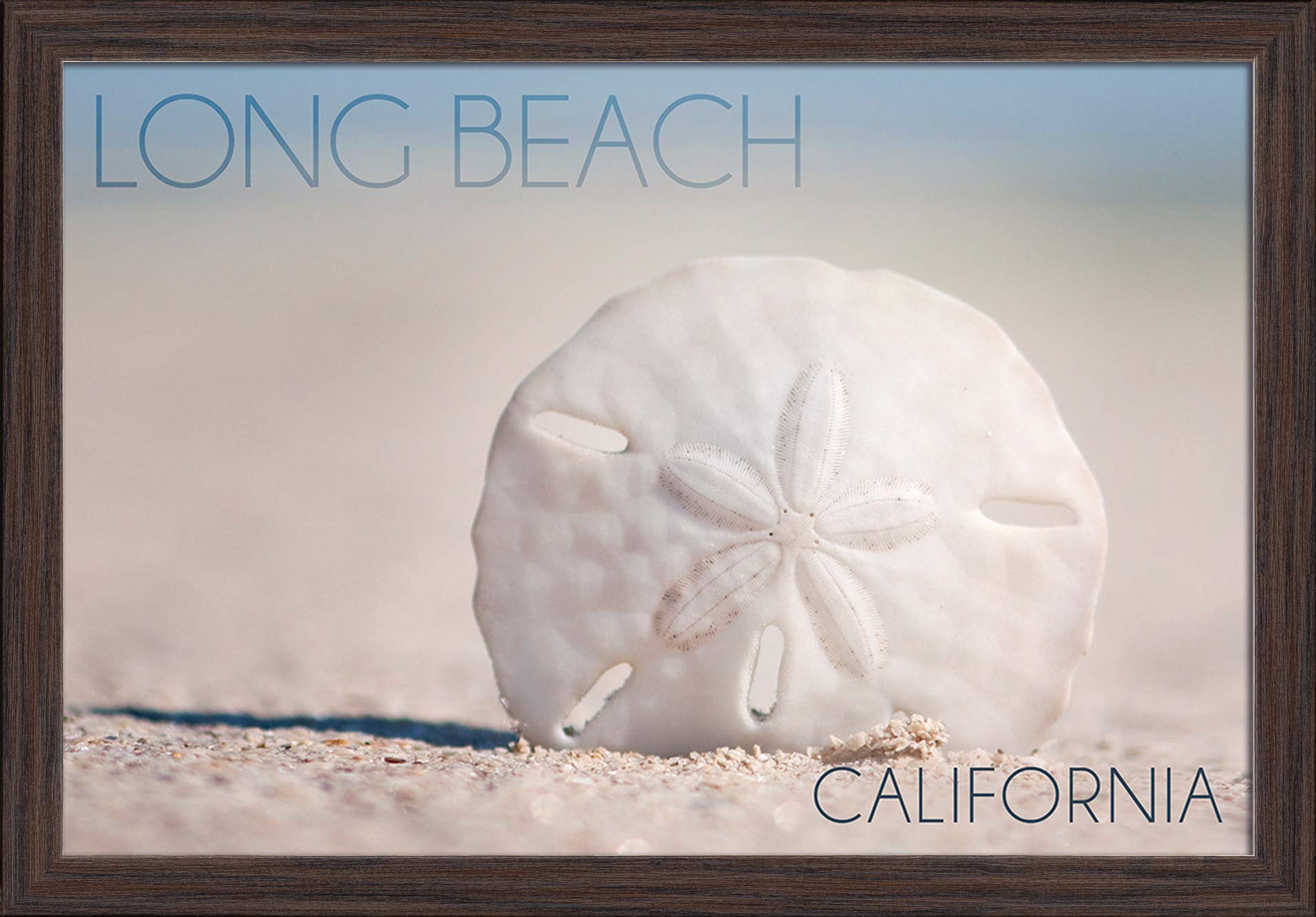 16x24 Long Beach California Sand Dollar Beach Giclee Fine Art Print - Recycled Wood Frame in Espresso Brown - Perfect for Coastal Home Decor, Beach House Wall Art, and Ocean-Themed Living Spaces