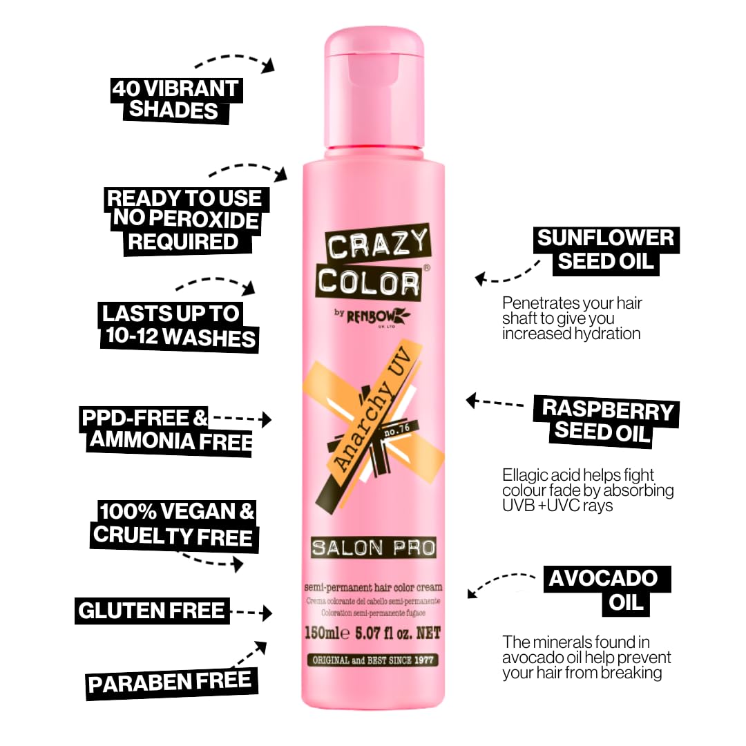 Crazy Color Salon Pro Semi-Permanent Hair Dye - Vibrant 76 Anarchy Shade for Women (5.07 oz) | Long-Lasting Fashion Hair Color for Creative Styling & Bold Looks