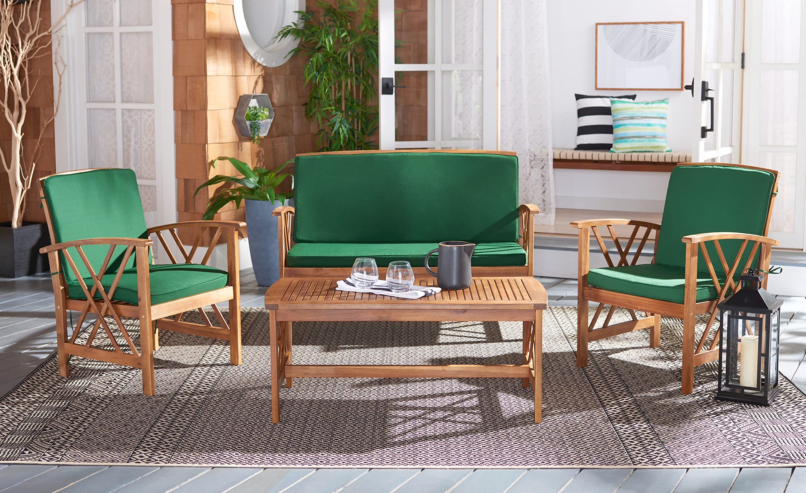 SAFAVIEH Outdoor Collection Fontana 4-Piece Patio Set with Natural/Green Cushions - Perfect for Garden, Backyard, and Poolside Conversation Areas