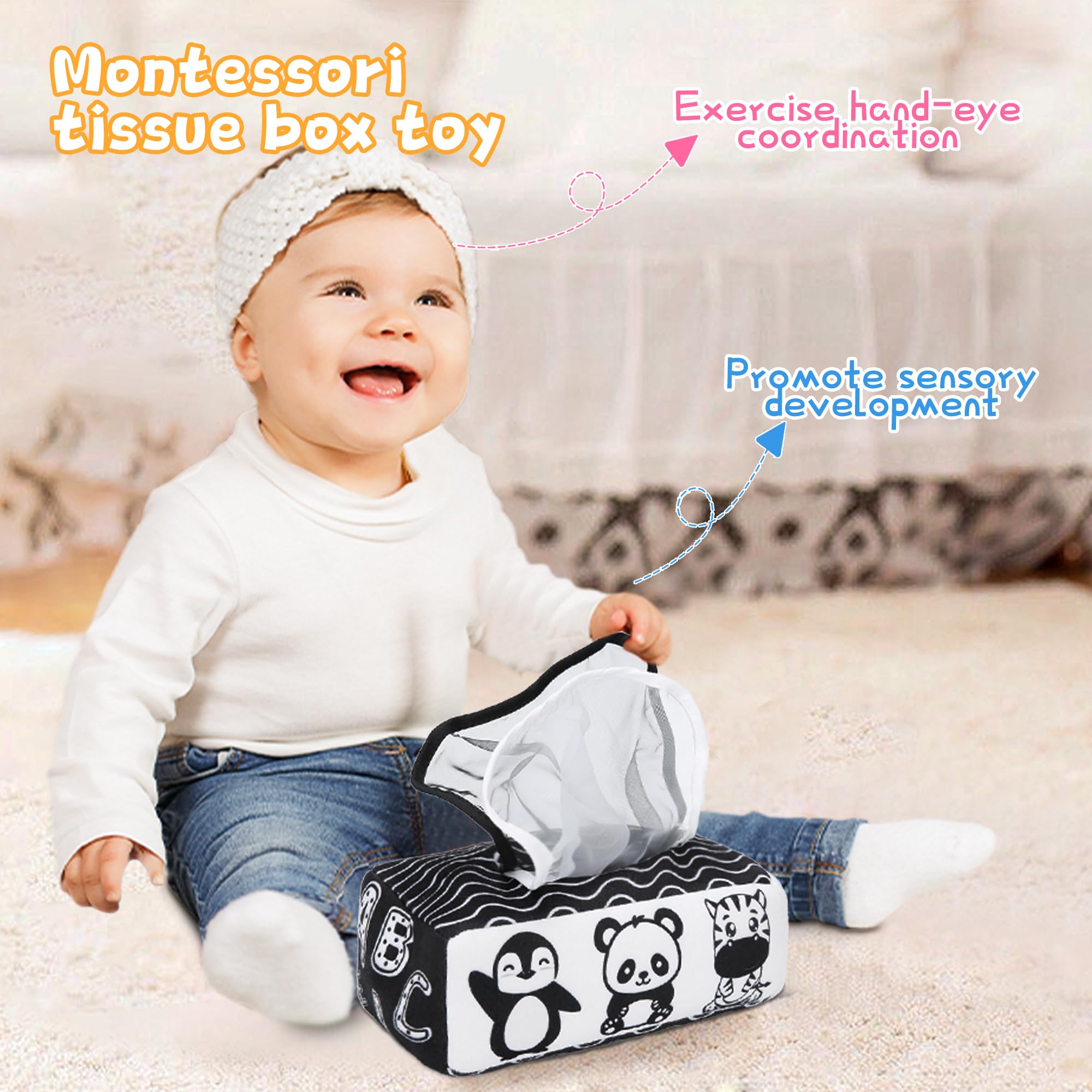 High Contrast Black and White Baby Tissue Box Toy - Montessori Sensory Toy for Newborns 0-3 Months - Stimulating Visual Development for Infants - Perfect for Tummy Time & Early Learning Play