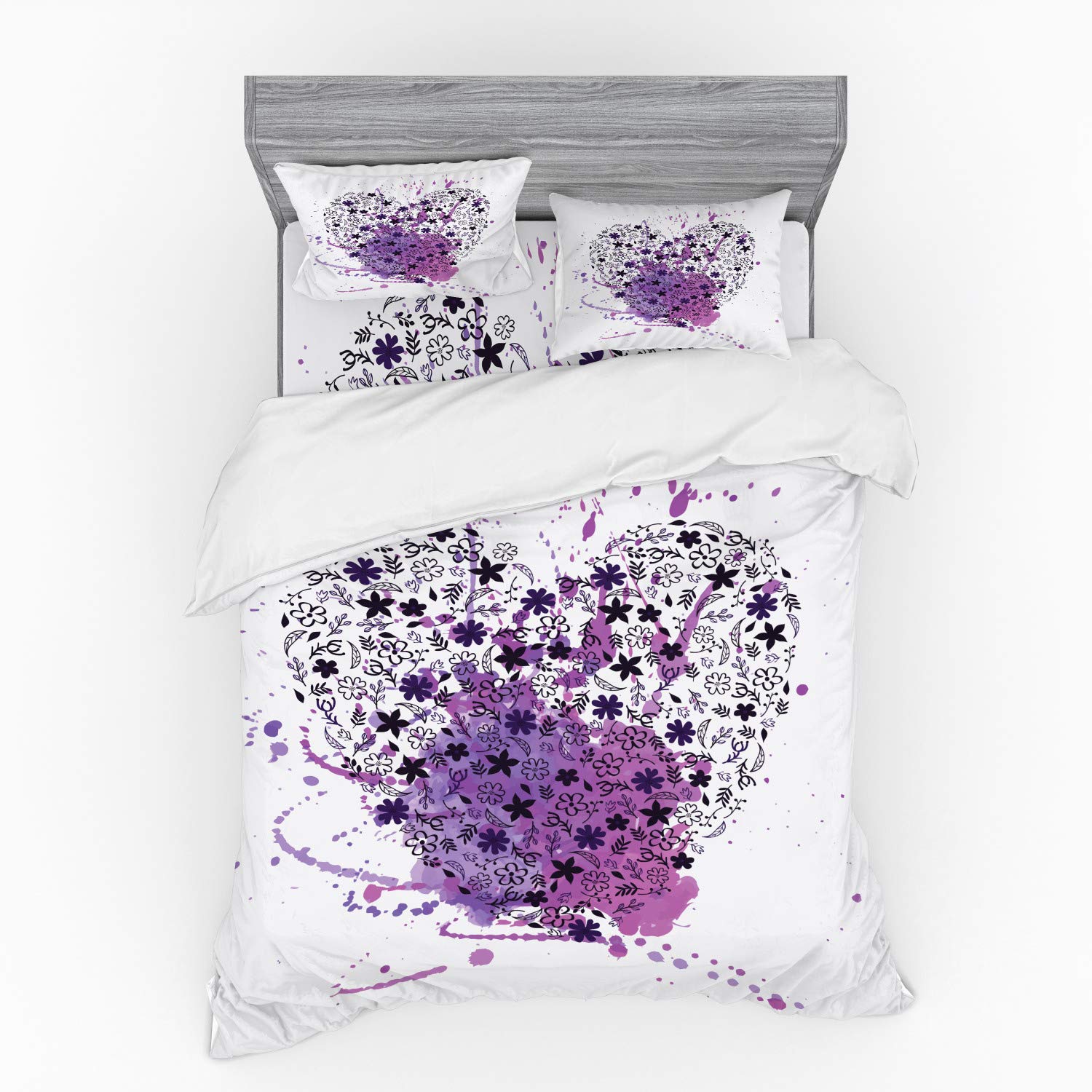 Ambesonne Romantic Watercolor Heart Bedding Set - 4 Piece Queen Duvet Cover with Shams & Fitted Sheet, Purple & Dark Purple | Valentine's Day Gift, Couples Bedroom Decor, Cozy Home Essentials