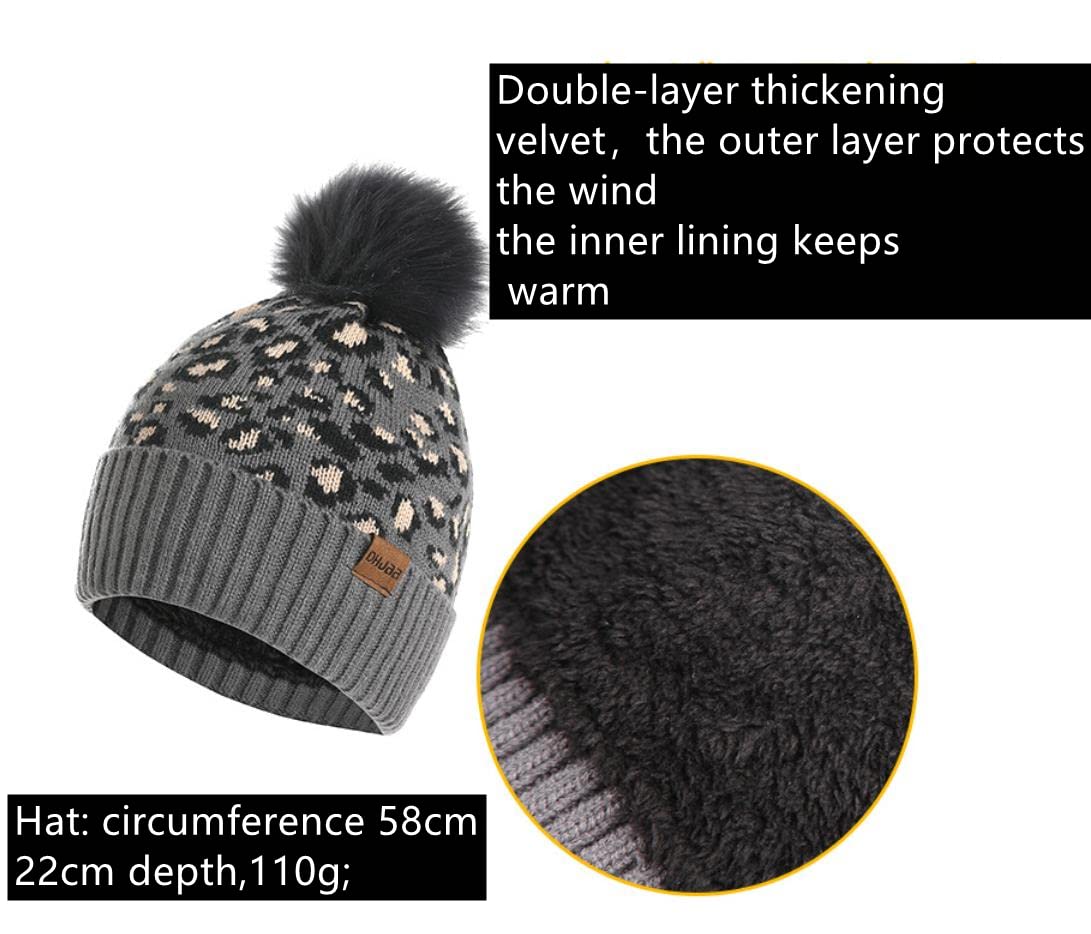 Men's & Women's Winter Leopard Print Beanie Hat, Scarf & Touchscreen Gloves Set - Fleece Lined Knit Skull Cap with Pompom - Perfect for Skiing, Snowboarding & Cold Weather Outdoors