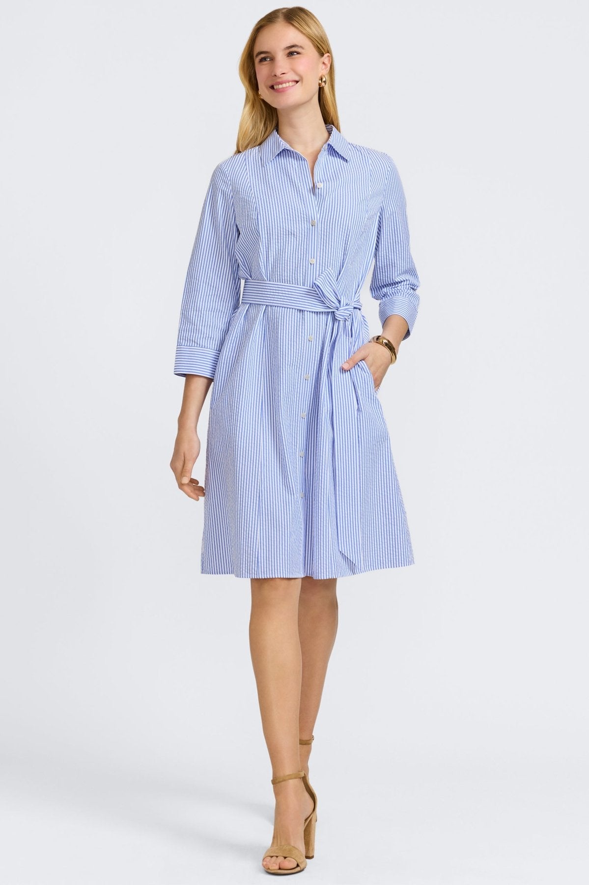Fiona Seersucker 3/4 Sleeve Casual Summer Dress for Women - Perfect for Beach Outings, Picnics and Brunch Dates