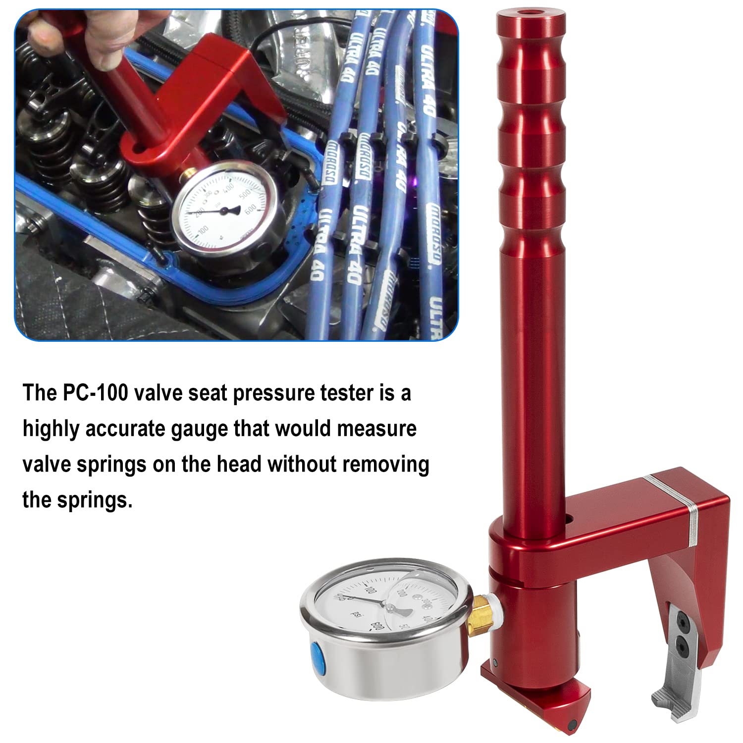 PC-100 Universal Valve Seat Pressure Tester | 0-600 PSI Adjustable On-Head Valve Spring Compression Tester Gauge | Perfect for Automotive Engine Repair & Motorcycle Maintenance