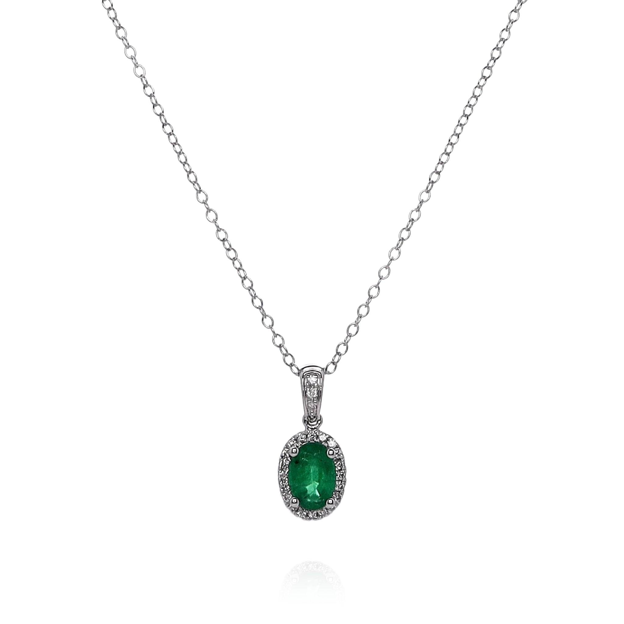 14K White Gold Oval Emerald and Diamond Halo Pendant Necklace for Women - Elegant Jewelry Gift for Anniversary, Birthday & Special Occasions