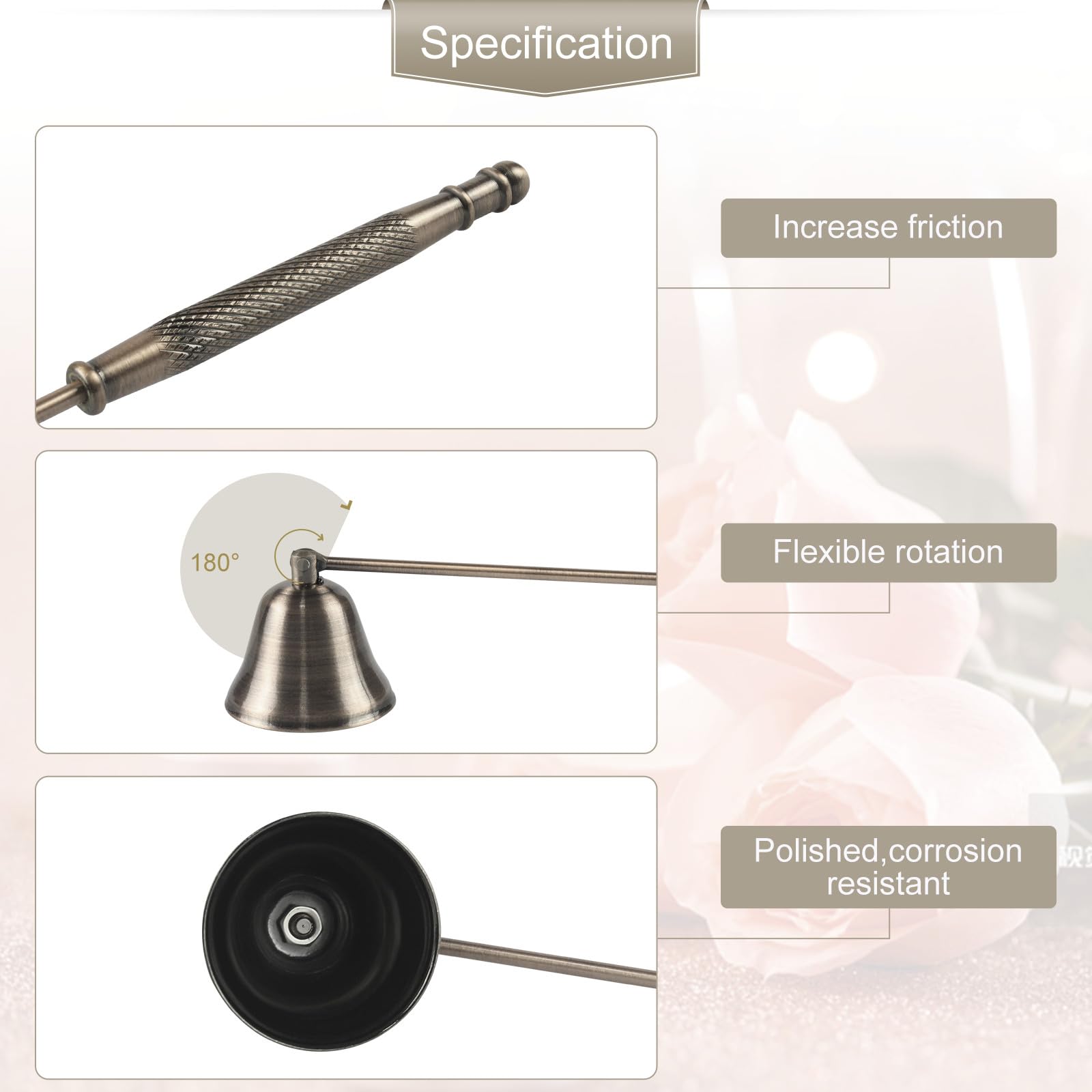 Long Handle Metal Candle Snuffer - Bronze Wick Extinguisher for Scented & Aromatherapy Candles - Home Decor & Spa Use