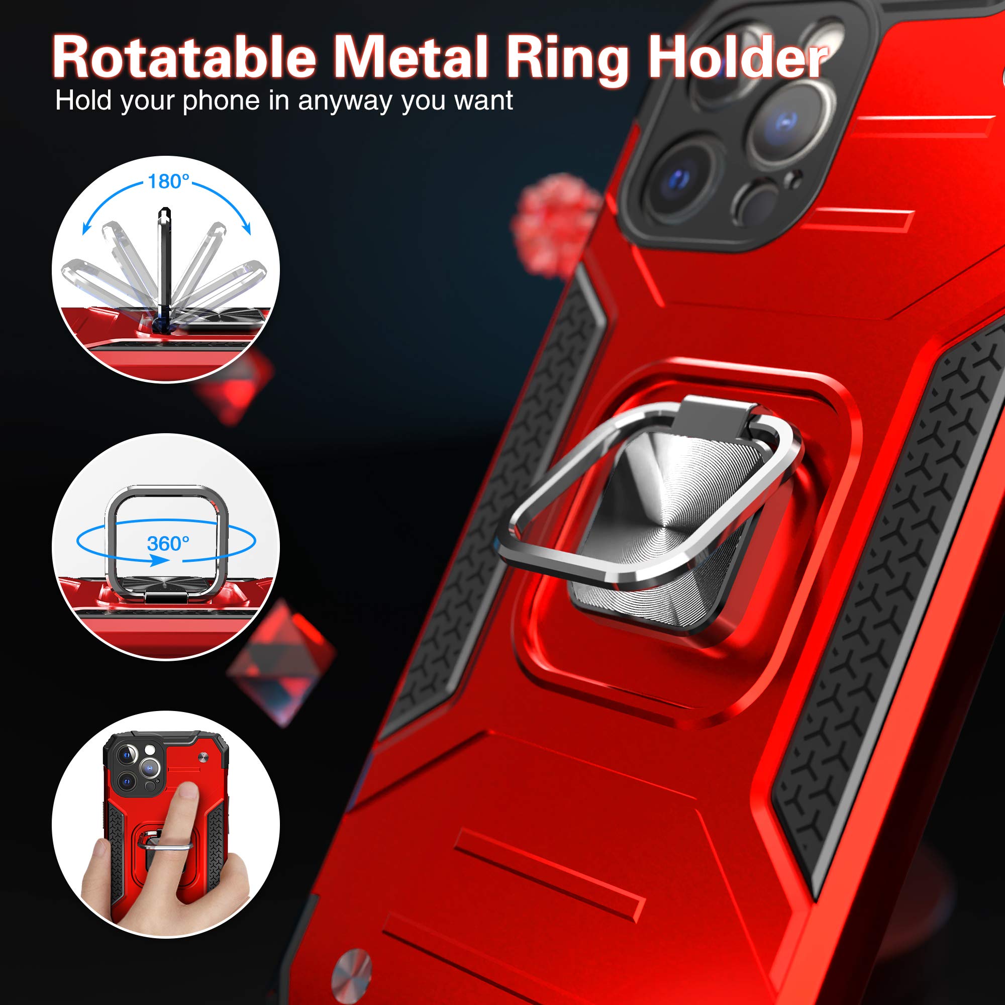 **Tempered Glass Screen Protector & Slim Protective Case for iPhone 12 Pro Max 6.7 Inch – Hybrid Drop Test Cover with Card Mount & Kickstand (Red) – Perfect for Work, Travel, and Everyday Use**