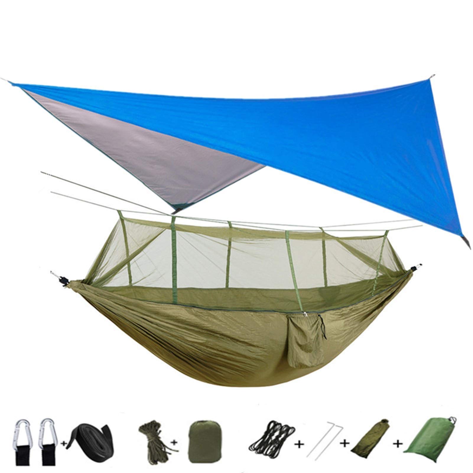 LSXLSD Portable Camping Hammock with Mosquito Net & Rain Fly Tarp - Lightweight Nylon Hanging Sleeping Bed Swing for Outdoor Adventures (Blue/Green) - Perfect for Backpacking, Beach Trips, and Backyard Relaxation