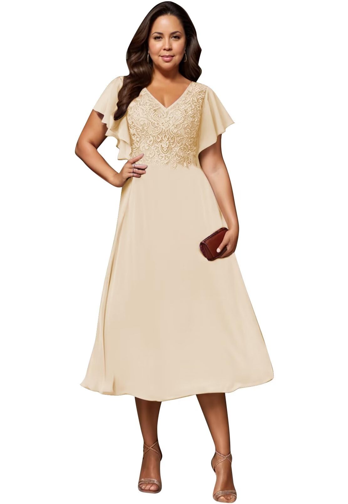 Elegant Tea Length Mother of The Bride Dress - Lace & Chiffon Formal Gown for Weddings, Prom & Special Occasions | Perfect for Wedding Parties, Evening Events & Formal Celebrations