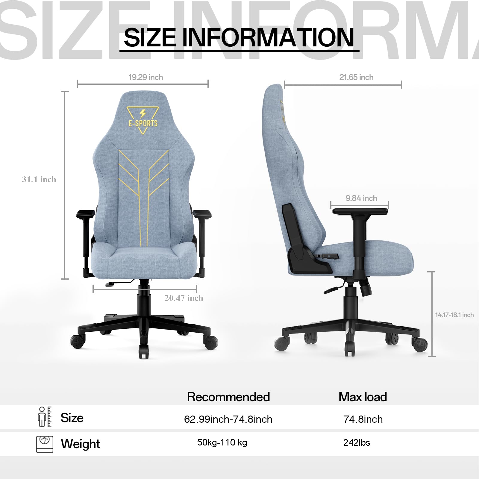 Premium Ergonomic Gaming Chair with 3D Adjustable Armrests - Height Adjustable & Reclining Computer Game Chair for Adults - Big & Tall Comfort Design (Blue) - Perfect for PC Gaming, Esports, Office Work & Home Entertainment