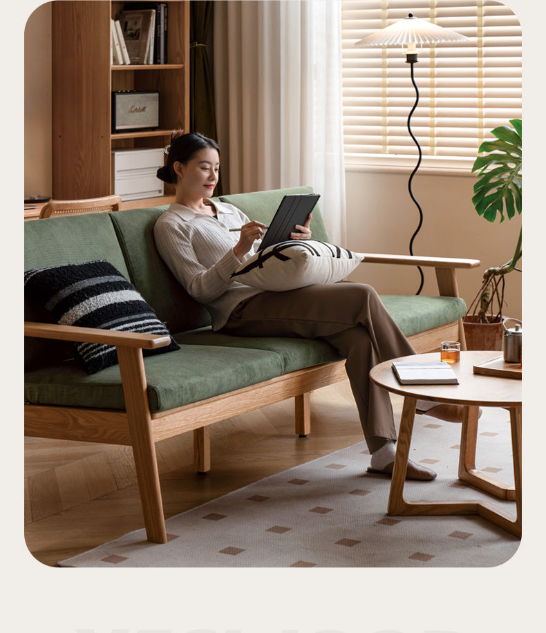 Japanese Style 3-Seater Fabric Sofa - Solid Oak & Pine Wood Frame - Perfect for Living Room, Lounge, or Zen Home Decor