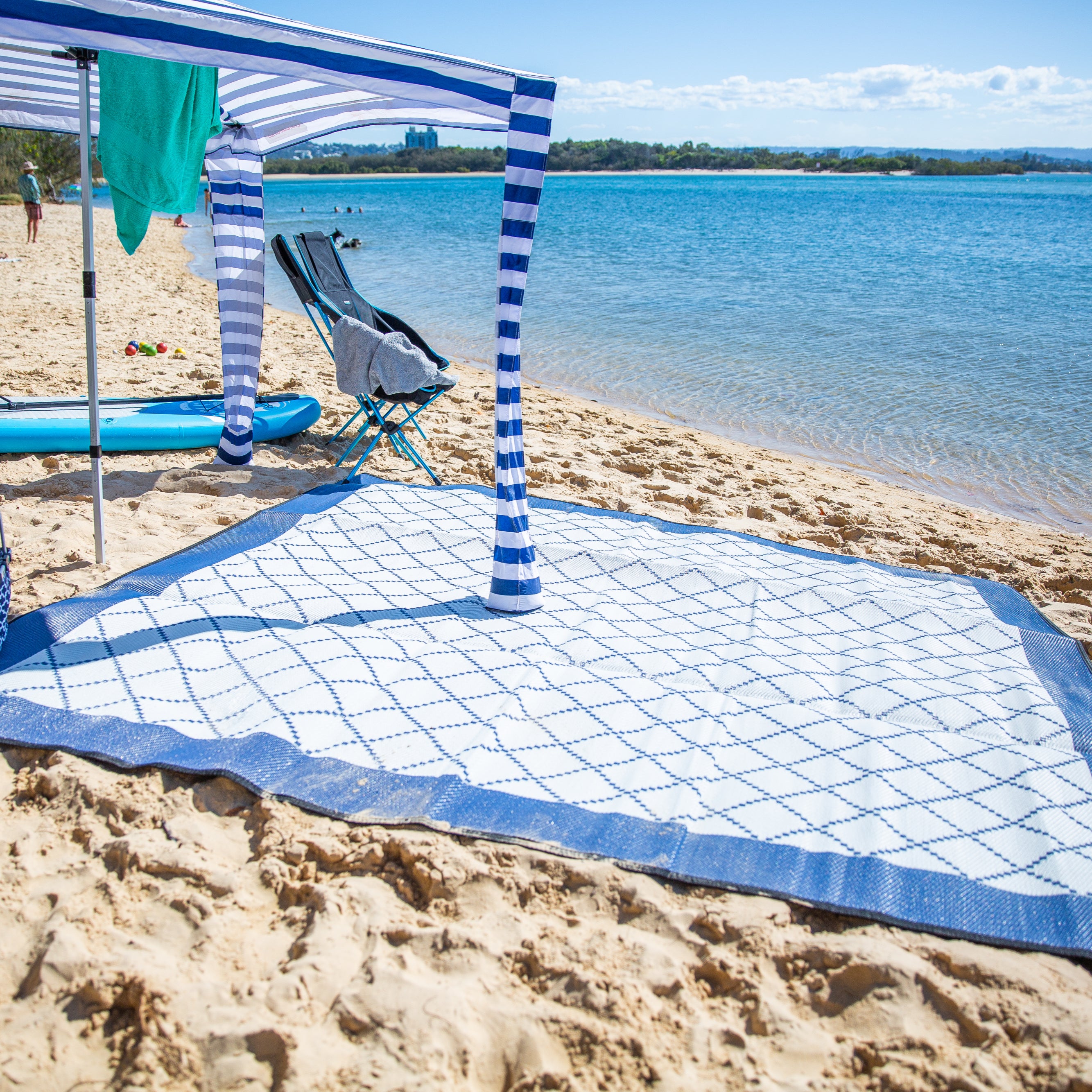 Premium Outdoor Mat for Gazebo - Waterproof, Non-Slip Navy/Grey Patio Flooring - Perfect for Garden, Deck, Poolside & Camping Use