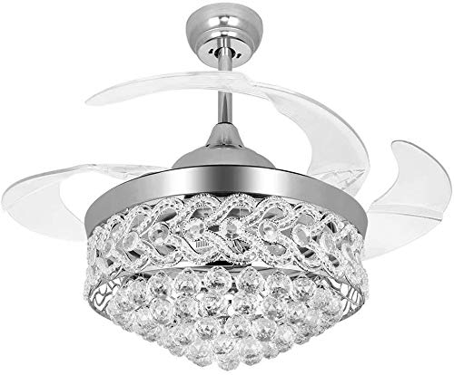 42 Inch Retractable Ceiling Fan with LED Light and Remote Control - 4 Clear ABS Blades - Modern Chandelier Style for Living Room, Dining Room & Bedroom - Quiet Indoor Ceiling Fan Light Combo (Chrome Finish) - Perfect for Home Cooling and Stylish Lighting