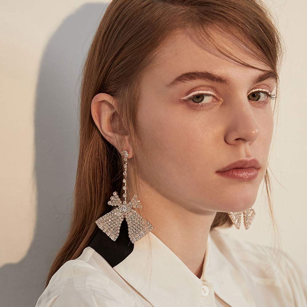 Xerling Elegant Rhinestone Hoop Earrings - Dangle Drop Bowknot Stud Earrings for Women, Silver Glitter Bridal Wedding Jewelry - Perfect for Parties, Prom, Date Night & Special Occasions