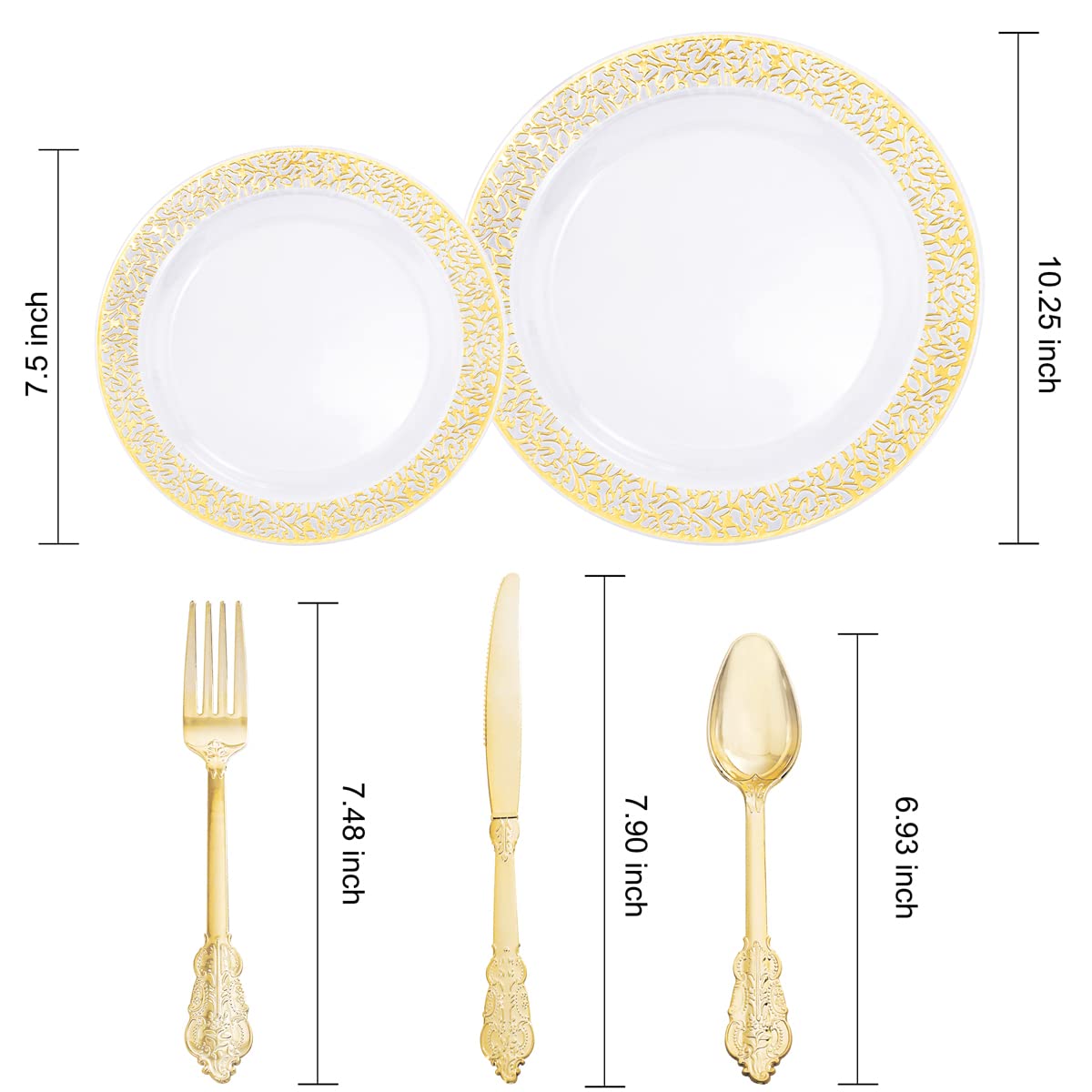 150-Piece Clear Gold Lace Plastic Party Plates Set - 30 Dinner Plates, 30 Dessert Plates & 90 Gold Silverware - Elegant Disposable Tableware for Birthday, Wedding, Anniversary & Holiday Celebrations - Perfect for Indoor/Outdoor Events, Catering & Special Occasions