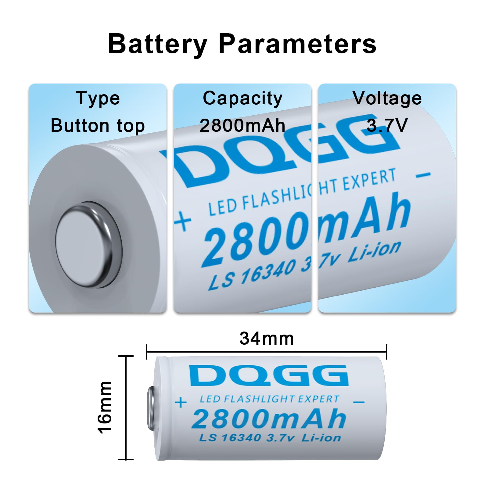 16340 Rechargeable Li-ion Battery 2800mAh 3.7V Button Top - 4 Pack for Headlamps, LED Flashlights, Camping Gear & Emergency Lights | Long Lasting Power for Outdoor Adventures