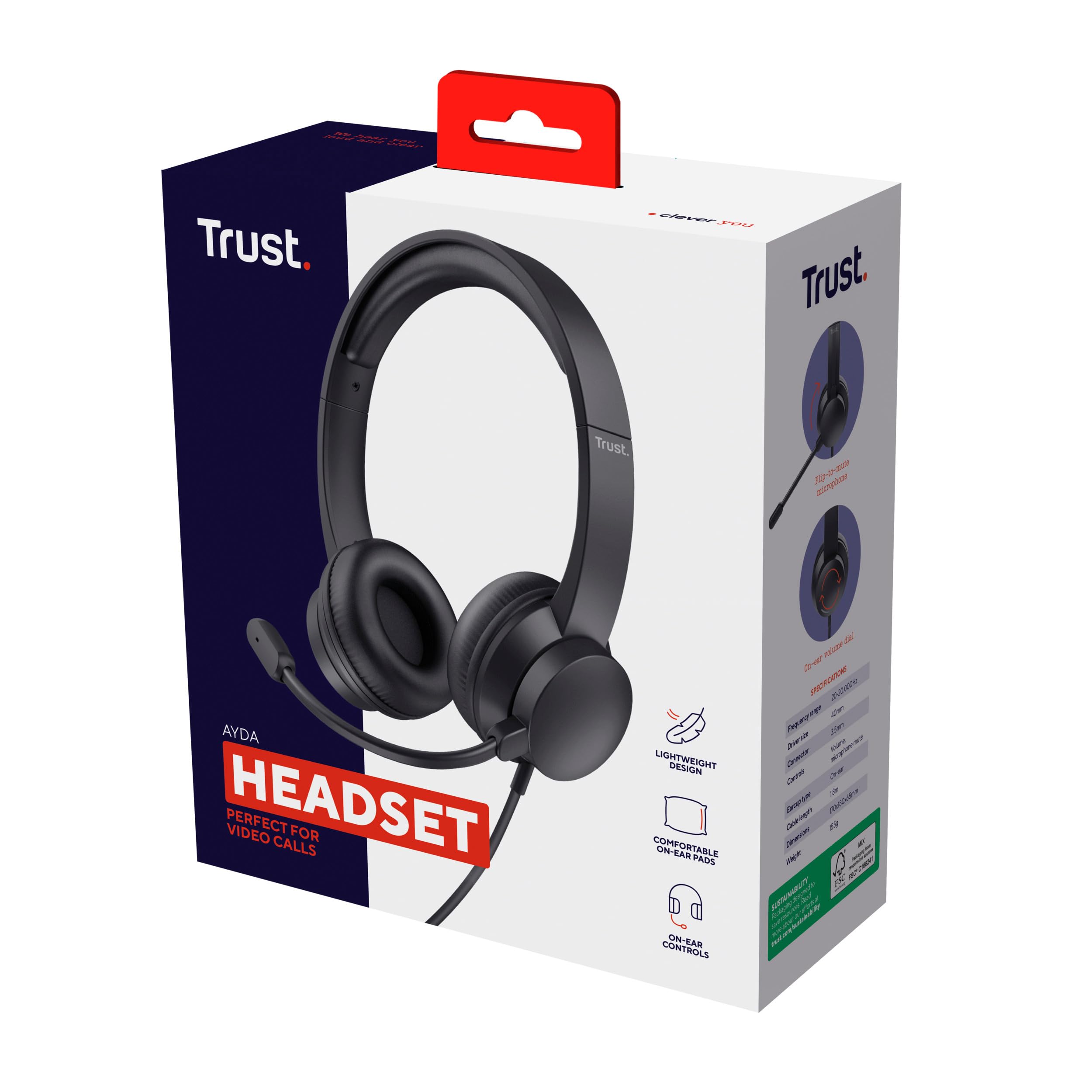Trust Ayda Lightweight On-Ear Wired Headphones with Microphone - 3.5mm PC Headset, Adjustable Headband & 1.8m Cable for Computer, Laptop, Desktop, Mac | Perfect for Home Office, Zoom Meetings, Teams Calls & Online Classes (Black)