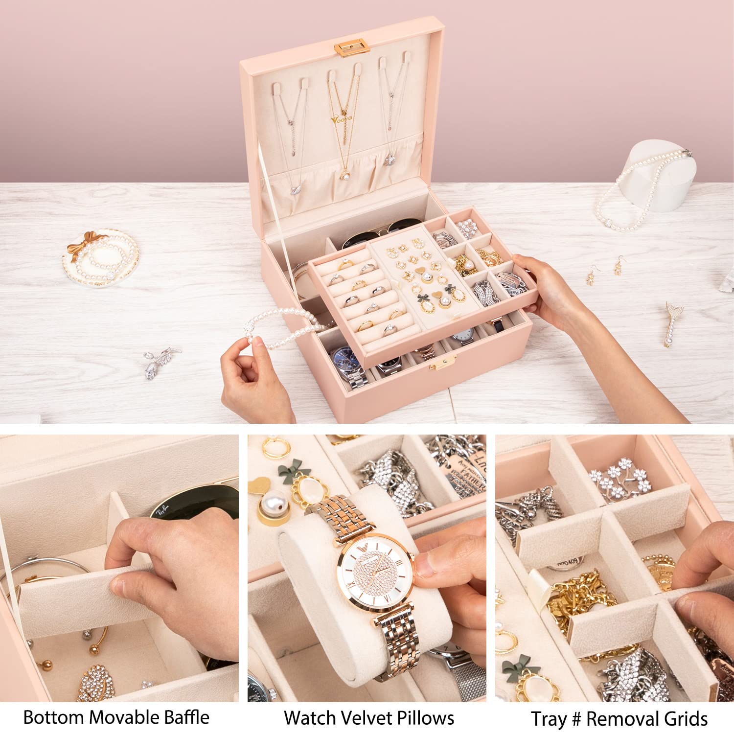 Voova 2-Layer Large Jewelry Box Organizer for Women - PU Leather Watch & Sunglasses Storage Case with Removable Tray - Holds Rings, Earrings, Necklaces (Pink) | Perfect for Travel, Home Vanity & Gift Giving