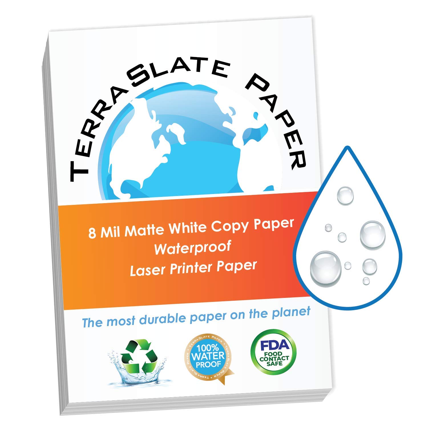 Waterproof Laser Printer Paper - TerraSlate 8.5x11 Inch 8 MIL Weatherproof Copy Paper (25 Sheets) for Outdoor Signs, Rainy Weather & Marine Use