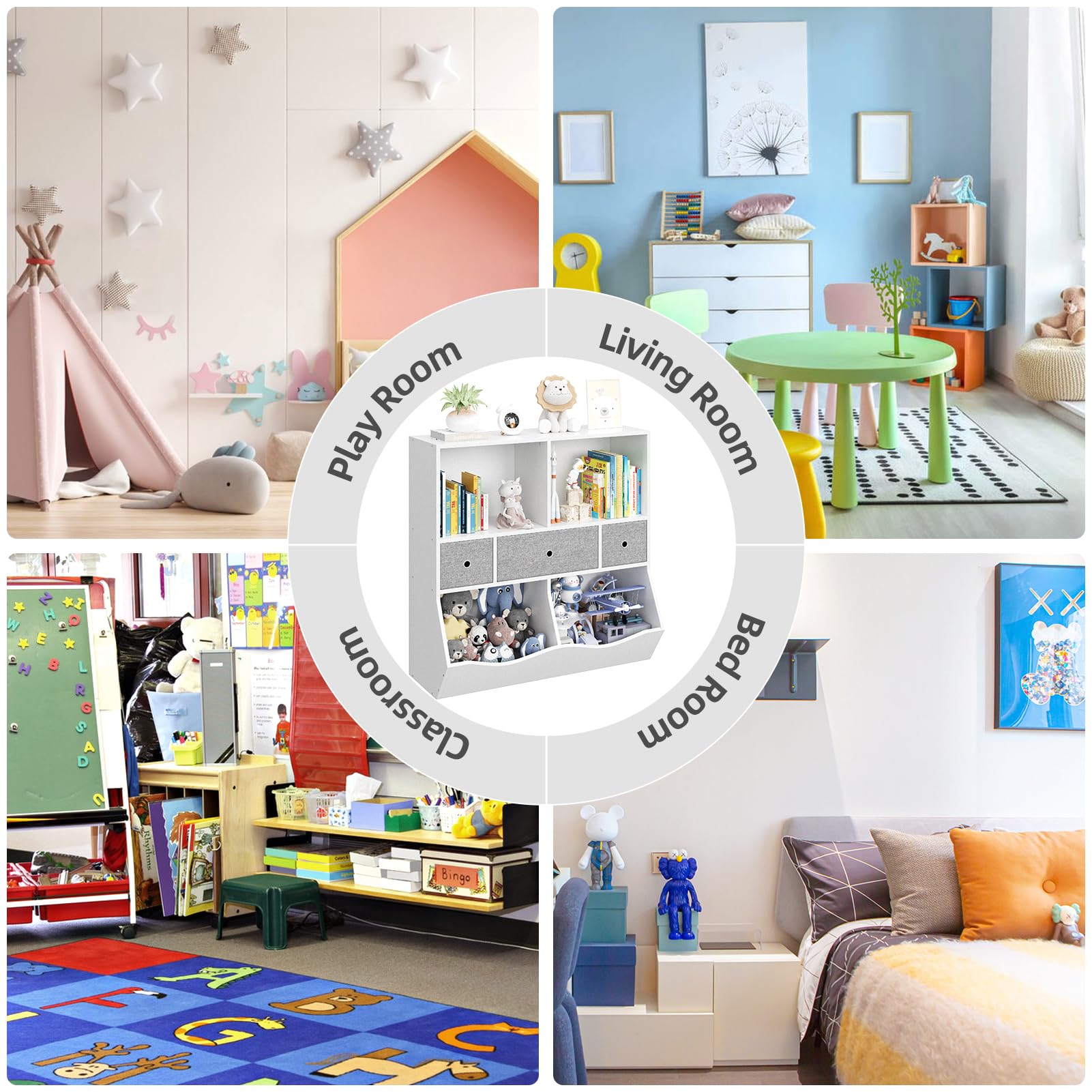 IDEALHOUSE Kids Toy Storage Organizer with 3 Movable Drawers - 3 Tier Children Bookcase & Bookshelf - 7 Cubby Toy Storage Cabinet for Playroom, Bedroom, Nursery - White - Perfect for Organizing Toys, Books & Kids' Belongings in Daycare or Home Play Areas