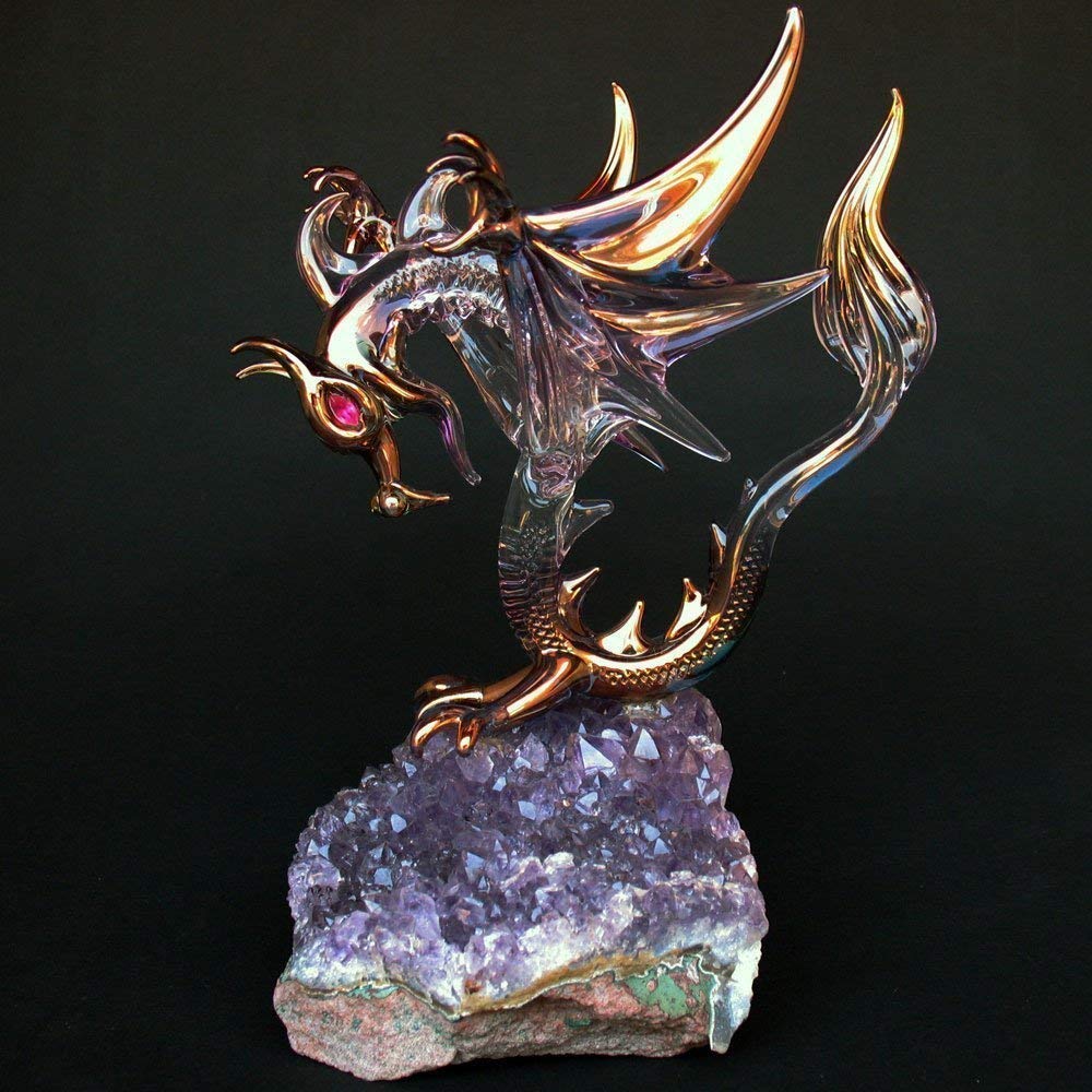 Hand Blown Glass Dragon Figurine with Wings - Flying Dragon Statue for Home Decor, Fantasy Collectibles & Gift Ideas | Perfect for Shelf Display, Office Desk & Medieval Theme Decorations