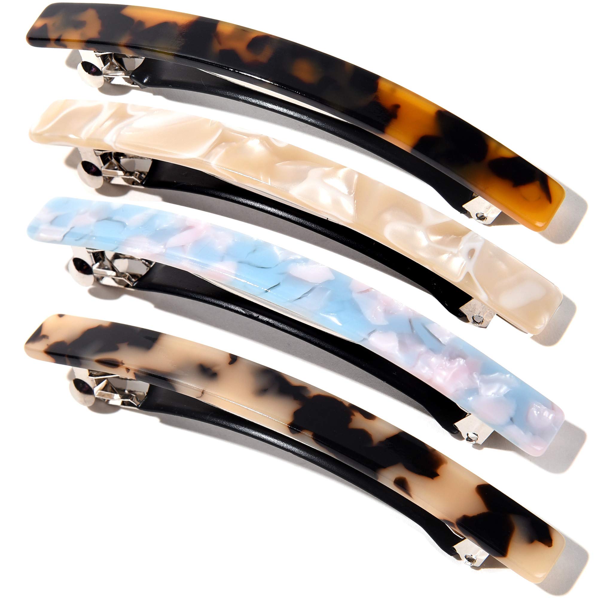FSMILING Long Skinny Barrettes Hair Clips - Large Automatic Tortoise Shell Hair Slides for Women & Girls (4 Pack) - Perfect for School, Work & Special Occasions
