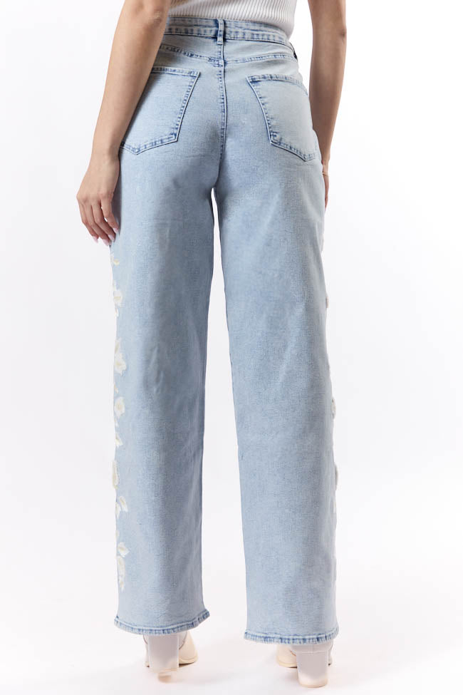 Daisy Light Wash Floral Embroidered Wide Leg Jeans for Women - High Waisted Comfort Denim Pants - Perfect for Casual Outfits, Spring Fashion & Boho Style