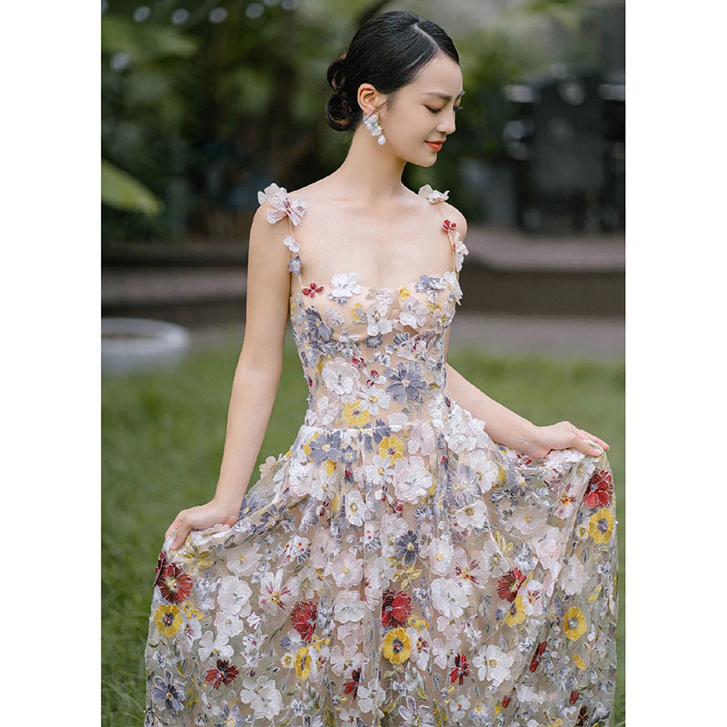 Elegant French Style 3D Flower Mesh A-Line Evening Dress for Women - Perfect for Weddings, Prom, and Formal Events