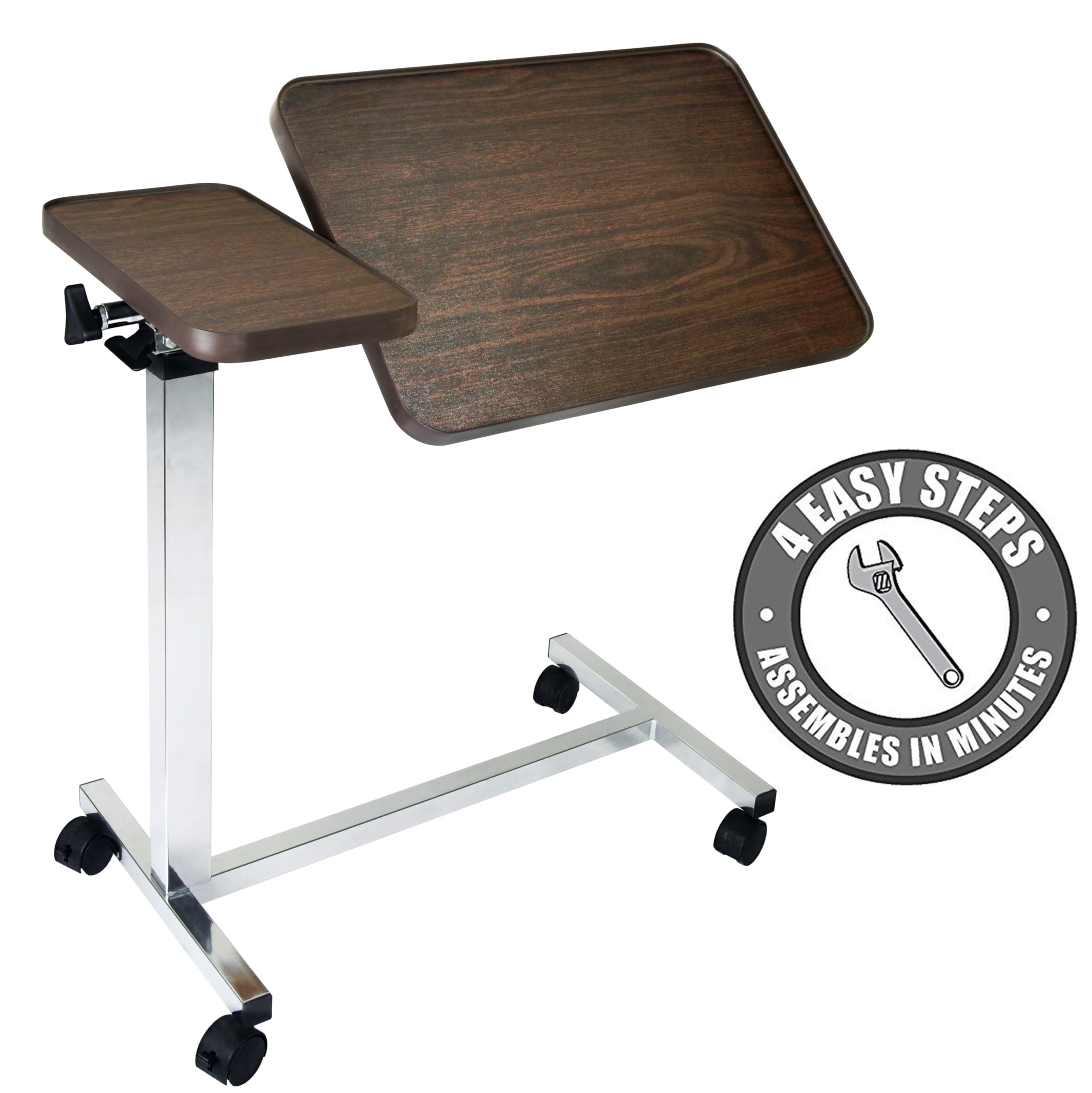 Vaunn Medical Adjustable Overbed Table with Wheels - Adjustable Height & Tilt for Hospital, Home & Nursing Care - Perfect for Eating, Reading & Laptop Use in Bed
