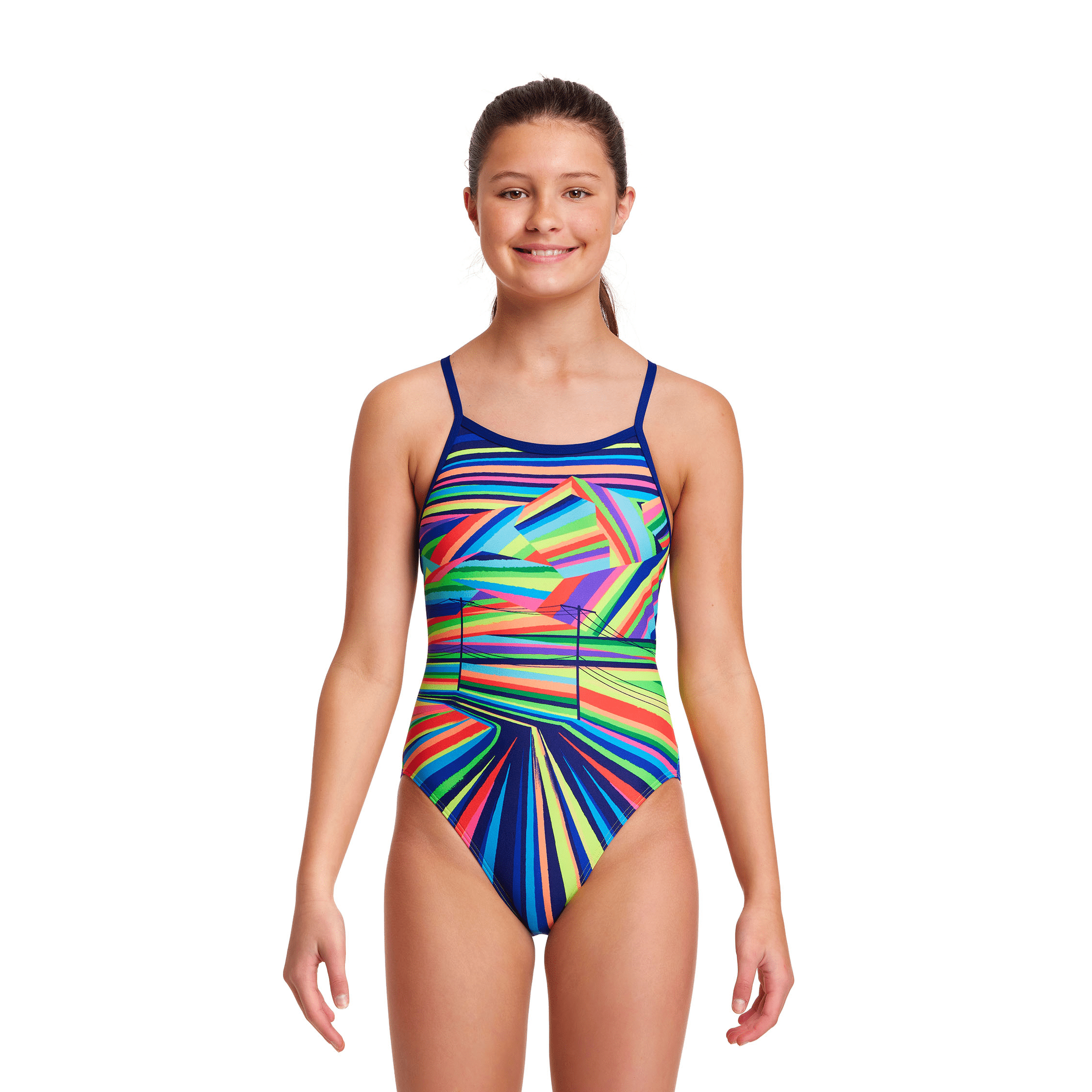 Funkita Land Lines Single Strap Girls Swimsuit - Stylish One-Shoulder Bathing Suit for Kids - Perfect for Pool Parties, Beach Vacations & Summer Swim Lessons