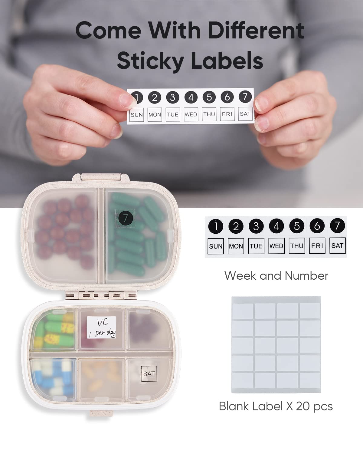 Holii 8-Compartment Travel Pill Organizer - Portable Daily Pill Case for Vitamins & Medicine - Compact Pill Box for Purse, Pocket & On-The-Go Use (Khaki) | Perfect for Travel, Work & Daily Medication Management