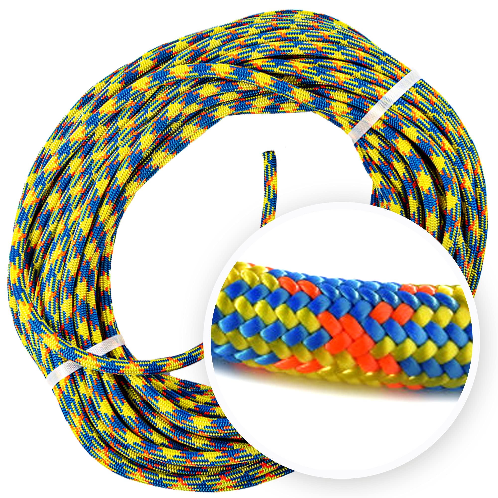 **Teufelberger drenaLINE 11.8mm x 200ft Climbing Rope – 32-Strand Polyester Arborist Rope (Blue, Orange, Yellow) – Ideal for Tree Climbing, Rigging & Professional Arborist Work**