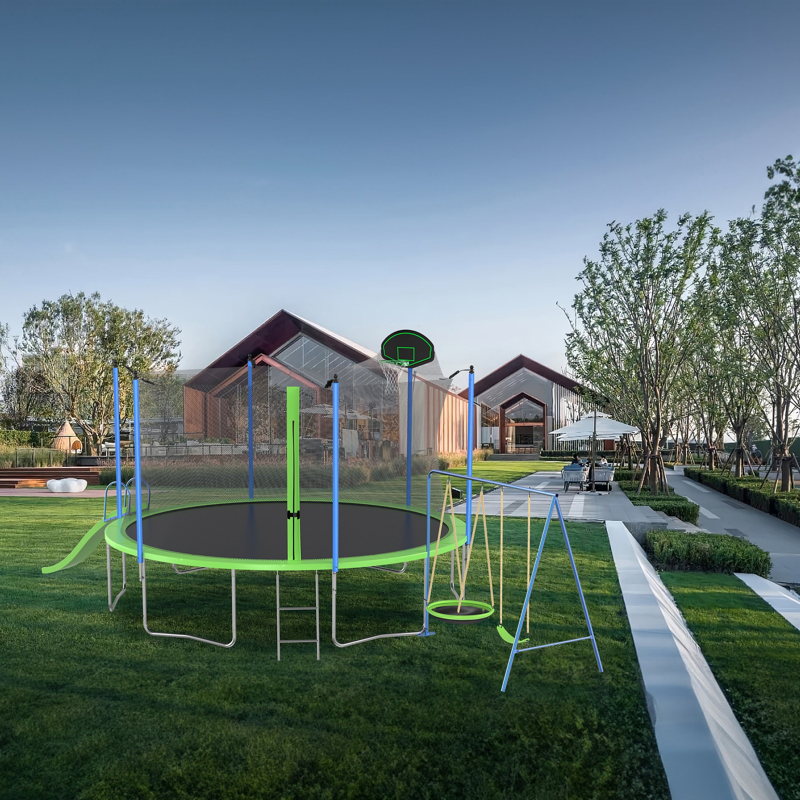 12FT Trampoline with Slide, Swings & Basketball Hoop - ASTM Approved Large Outdoor Trampoline with Safety Net & Ladder - Heavy Duty Backyard Trampoline for Kids & Adults - Perfect for Family Fun, Exercise & Outdoor Play