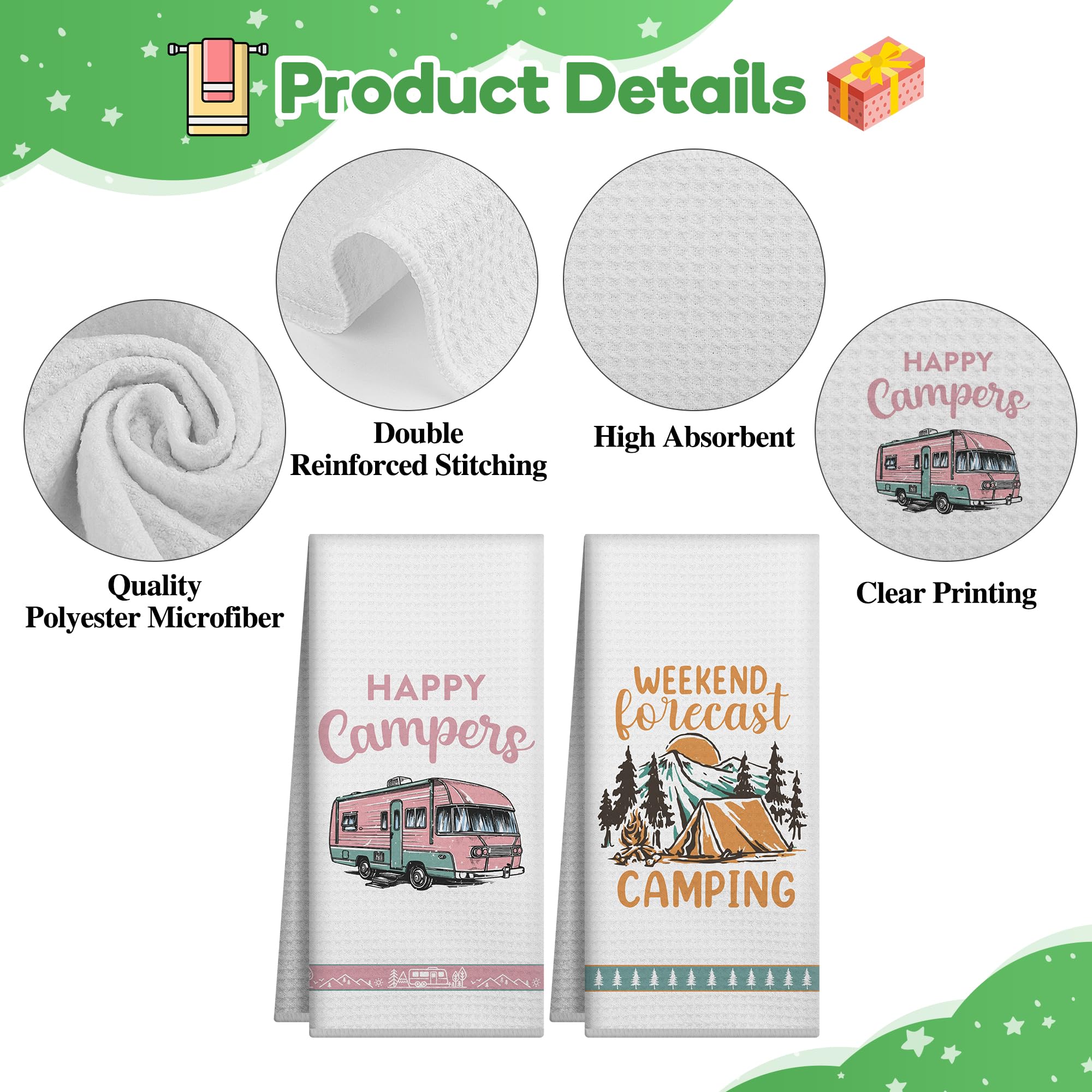 Happy Camper RV Kitchen Towels 2 Pack - Absorbent Cotton Dish Cloths for Camping, RV & Farmhouse Decor - Perfect Housewarming Gifts & Camping Kitchen Essentials (Use for Drying Dishes, Cleaning Surfaces & Cozy Kitchen Decor)